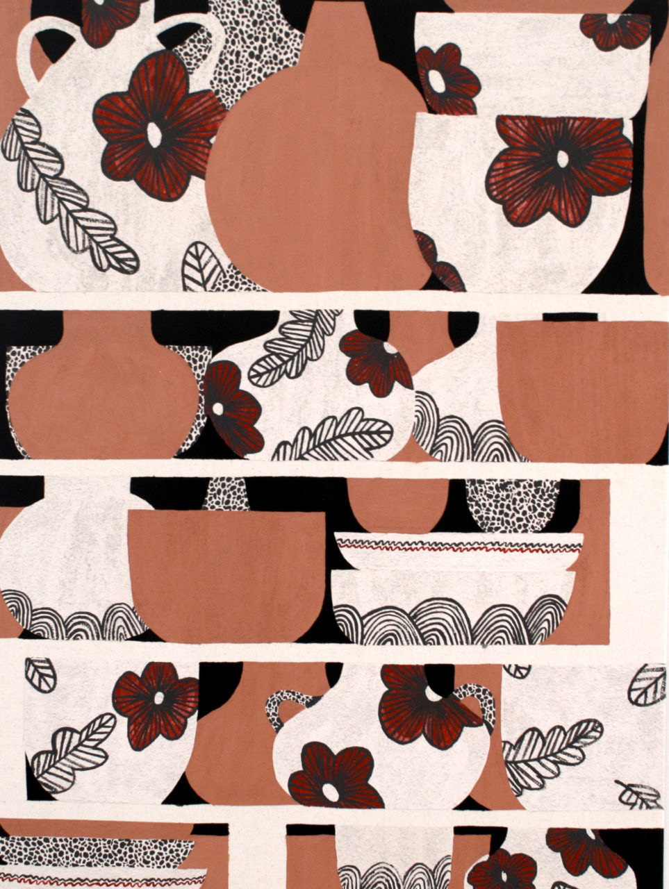 "Loading the kiln", clay slip and vinyl paint on raw canvas, 24"x32", 2018