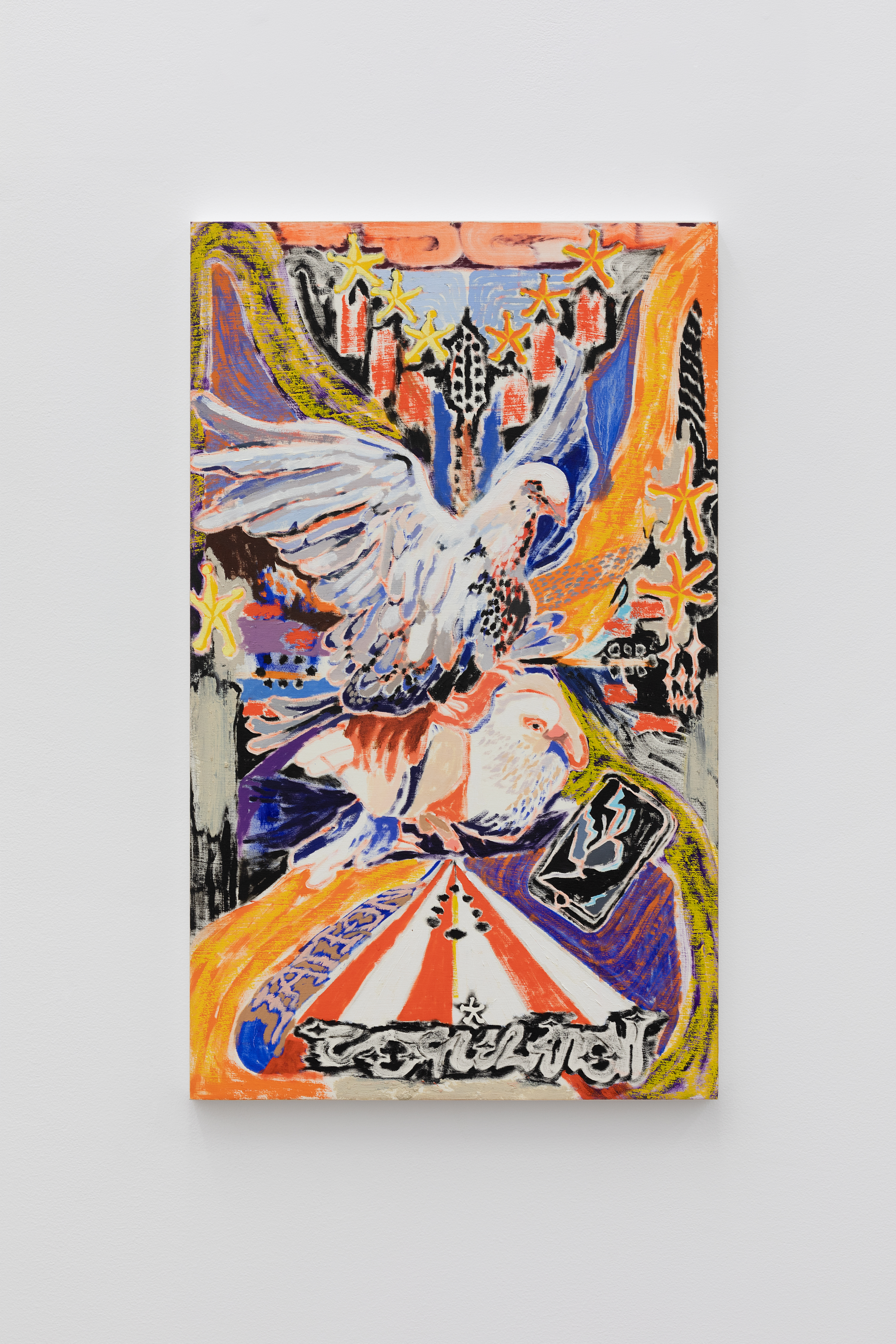 Twobird, aka: Copulation, 2021 oil paint on off-white paper primed with transparent acrylic gesso (27 1/2 × 16 1/2 × 1 1/8 inches)