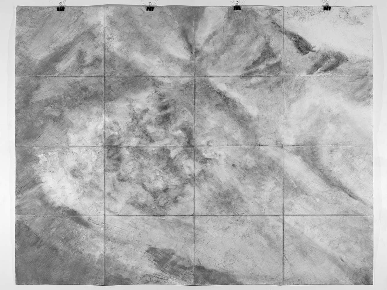 Relief, mouvement, lumièregouache et terre sur 16 papiers, ruban adhésif202 x 262 cm, 2023