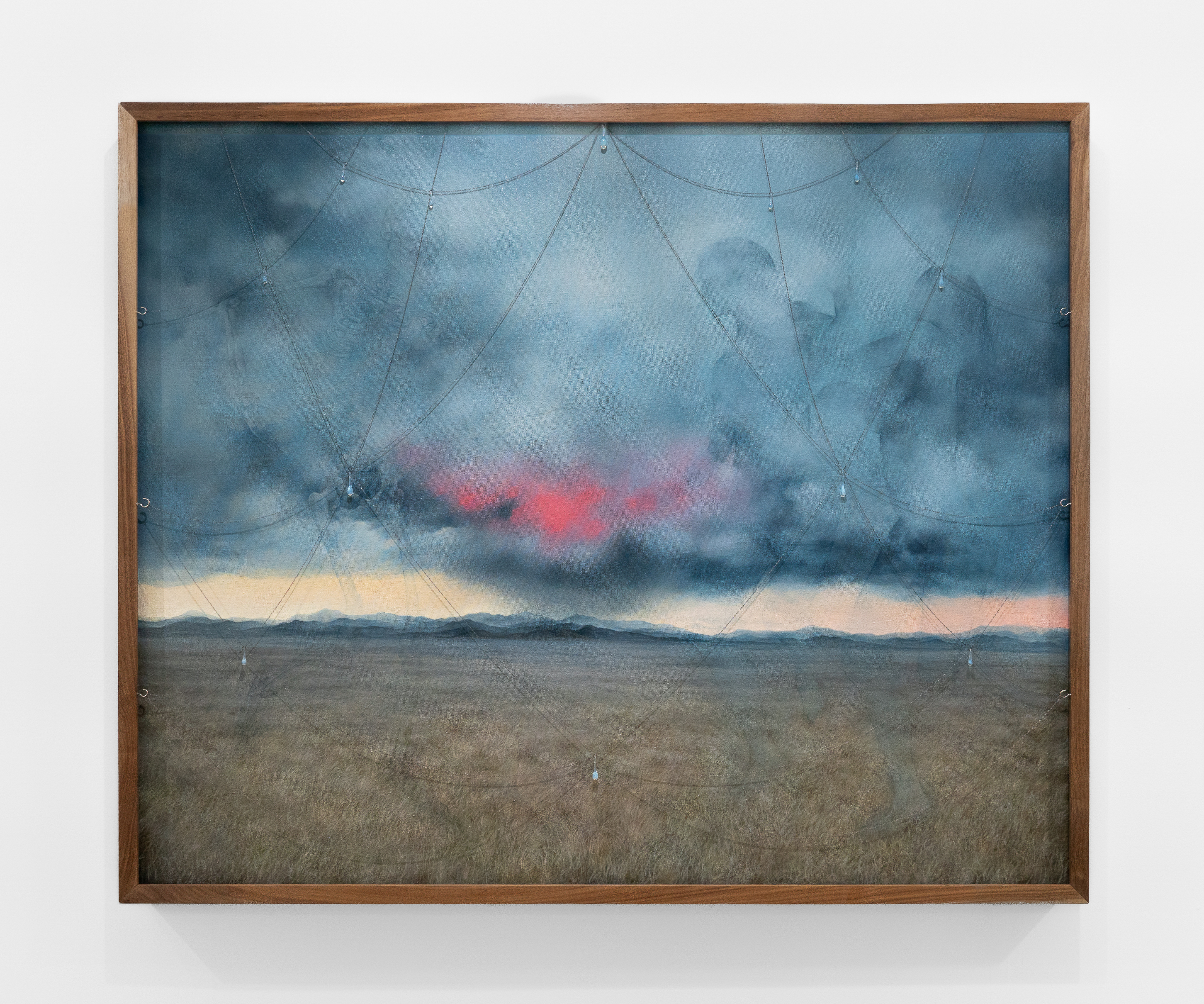 The Great Wonder (In Praise of the Sky), 2025, oil and acrylic on linen, glass, chain, and walnut frame, 46 × 56 1/4 × 2 3/4 in.