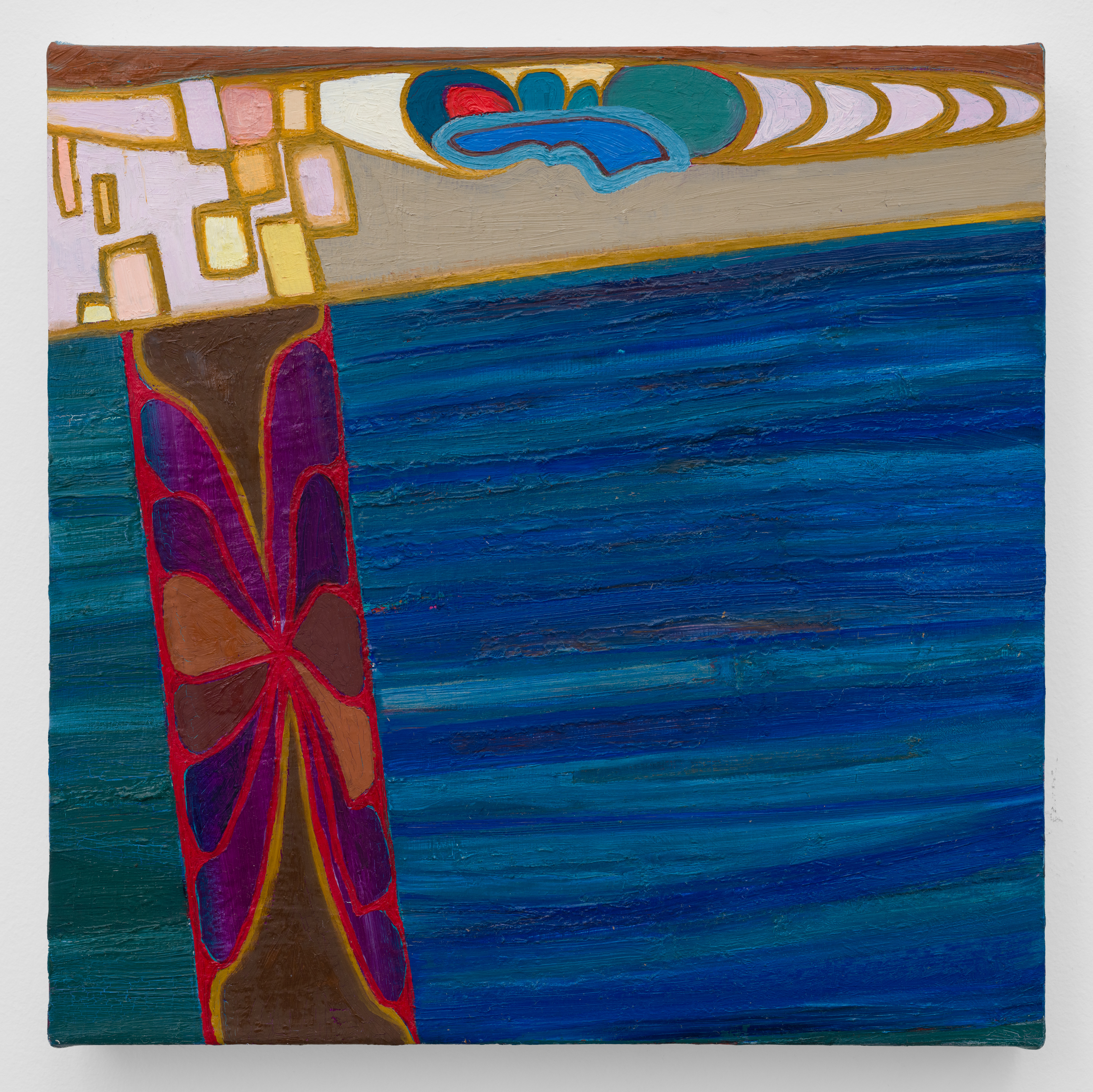 Carrie Rudd, Vertical and Virginal Muriel (Never Has She Leaned), 2024, Oil on linen, 12 (H) x 12 (W) in.