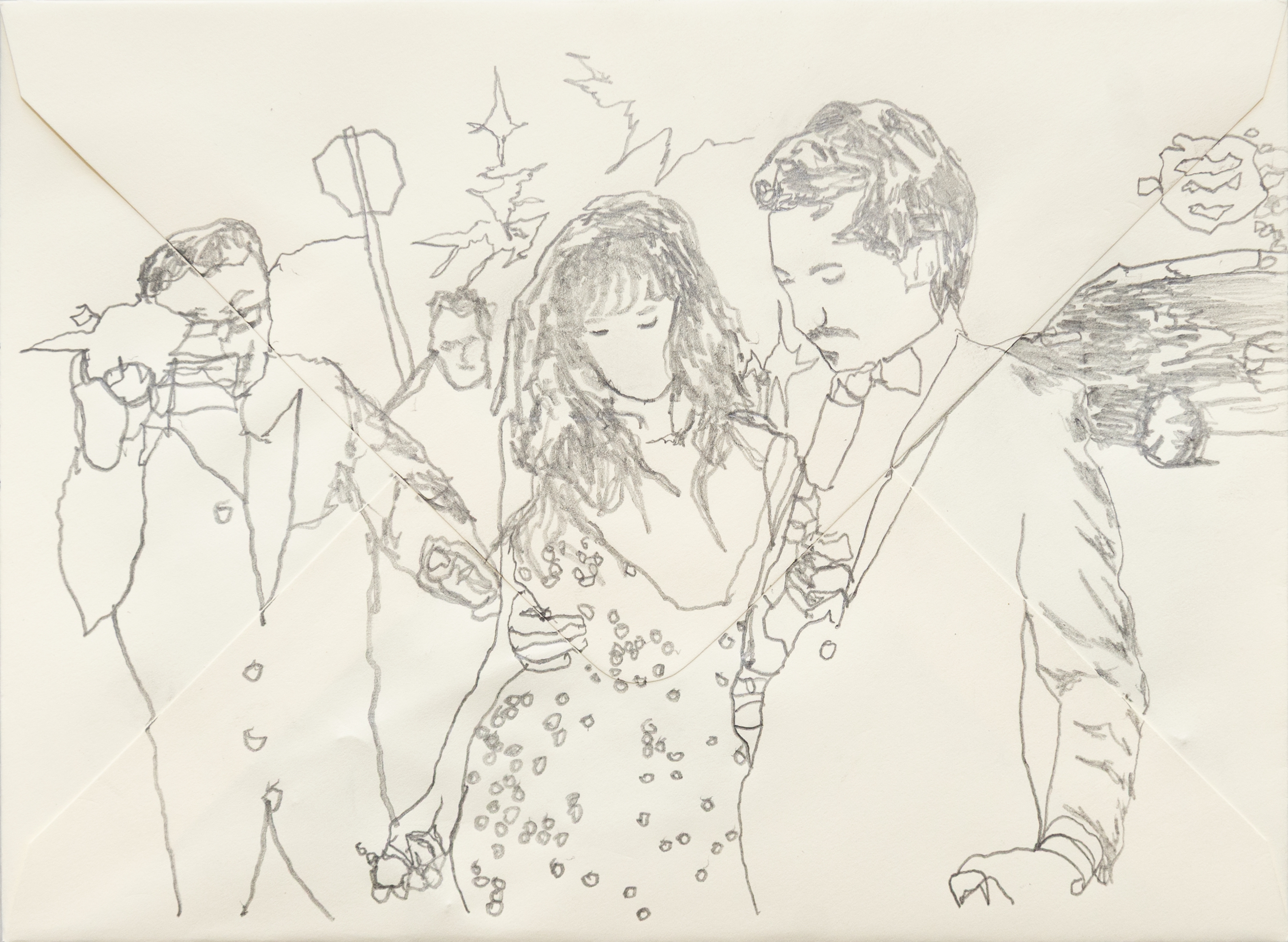 Enter Babylon (2025) : 6.25 x 4.75 inches : graphite on envelope (inside: 3 bay leaves)