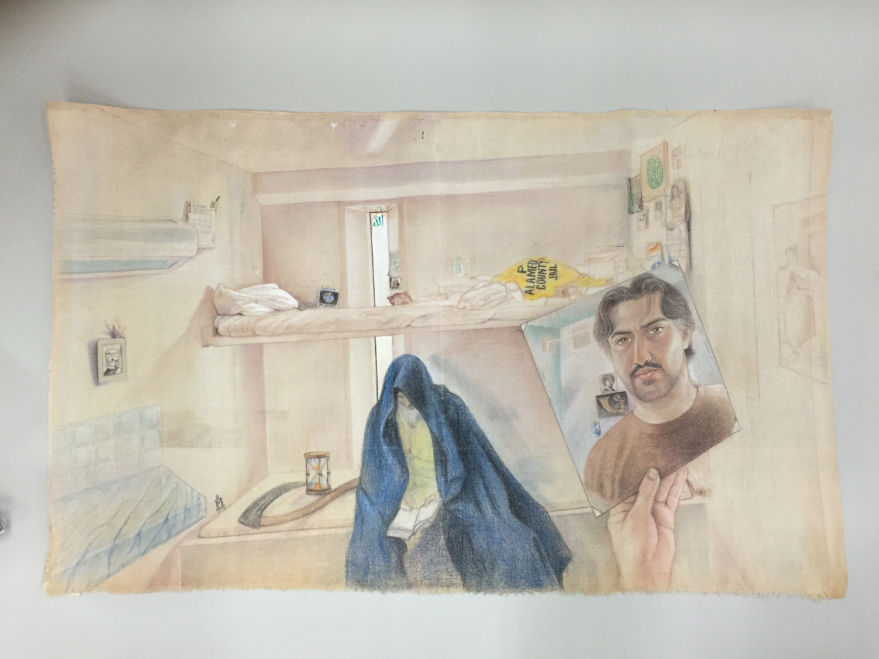 Santa Rita Cell, 44 x 27", colored pencil on bedsheet
