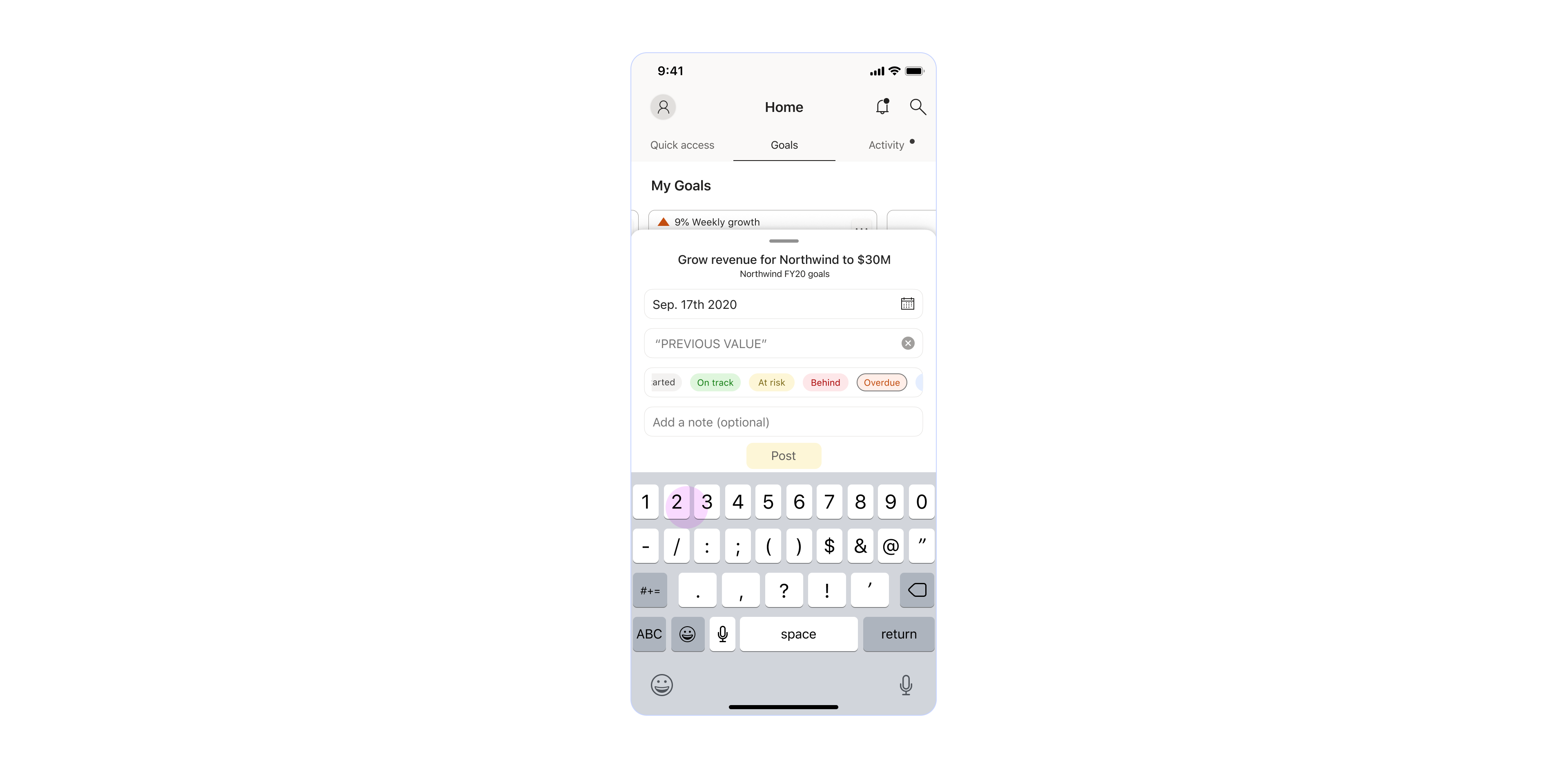 Tapping the value field pops up the keyboard.