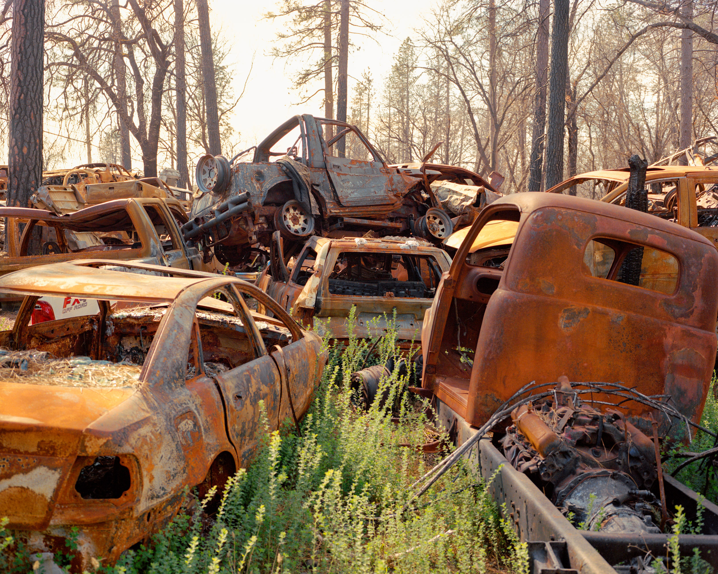 The car graveyard on Skyway Road. Long traffic jams quickly formed on the only road leading out of town on the day of Camp Fire. Many victims were trapped in their vehicles and died surrounded by the flames.