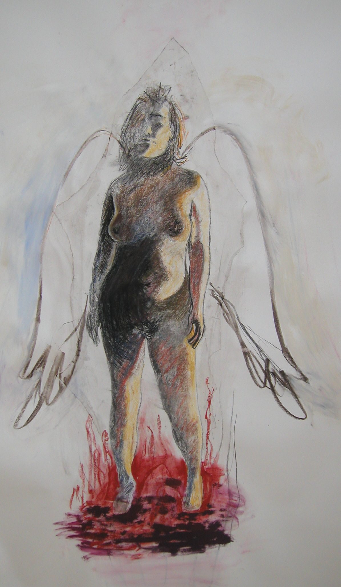 Zelfportret met vleugels Werk op papier 245 x 150 cm  Gebruikte technieken: acrylverf, collage, houtskool, pastelkrijt, potlood.