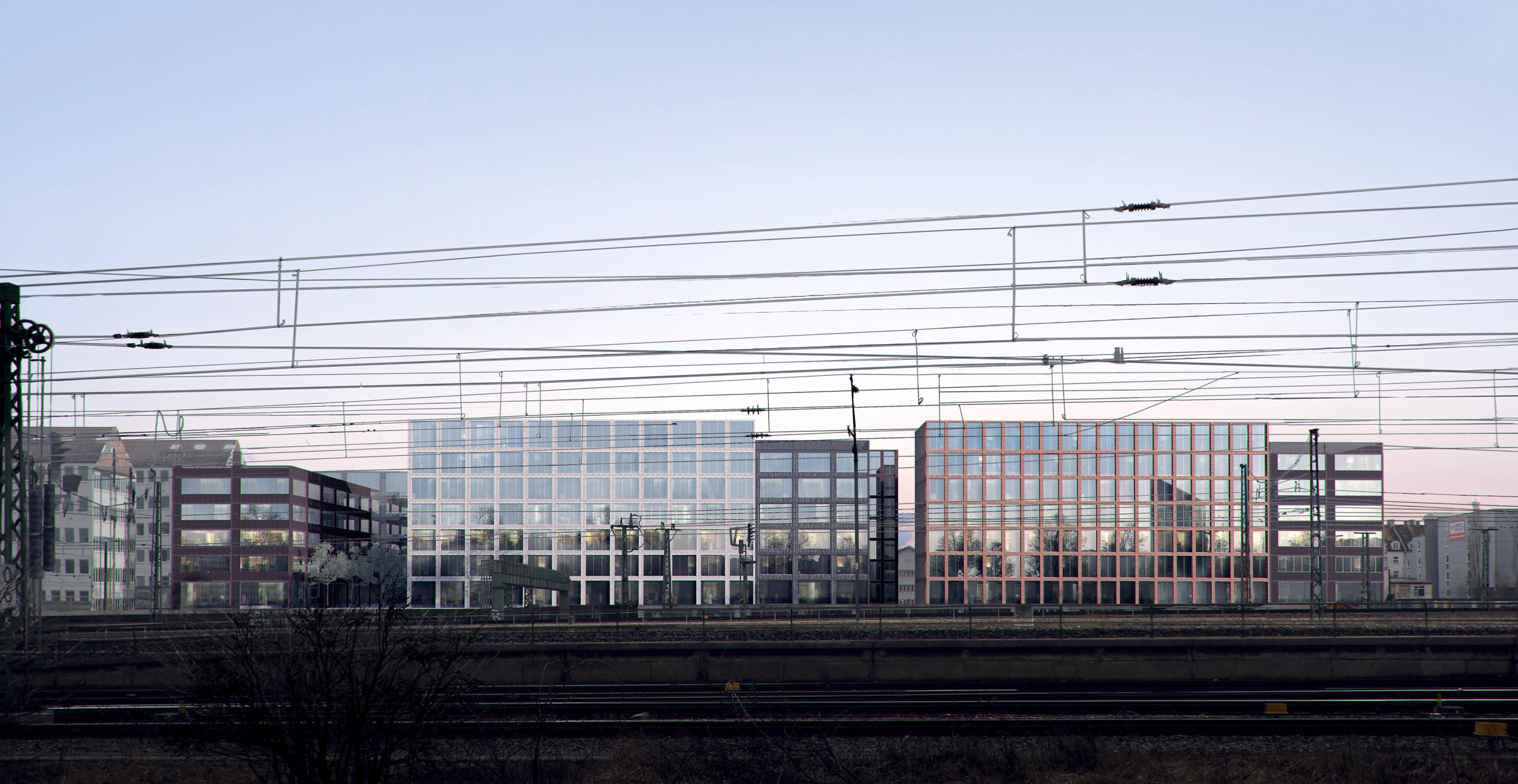 View from the other side of the railways at the Donnersberger Br&uuml;cke towards the modern brick office buildings designed by allmannwappner architekten.
