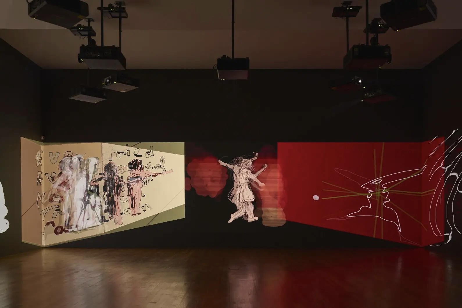 Vue de l’installation «Can You Hear Me ?» (M’entends-tu ?) de Nalini Malani, au Museu de Arte Contemporânea de Serralves, à Porto, 2020. © Filipe Braga.