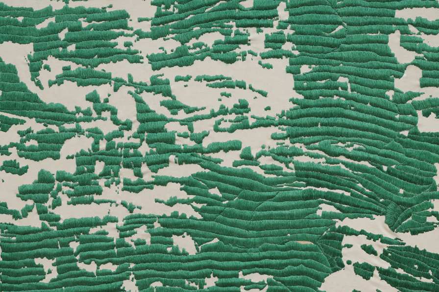 Asemahle Ntlonti, Ingethe I (2025) | Acrylic paint, paper, acrylic gel, and leno thread on canvas, 143.5 x 200 x 6.5 cm (detail)