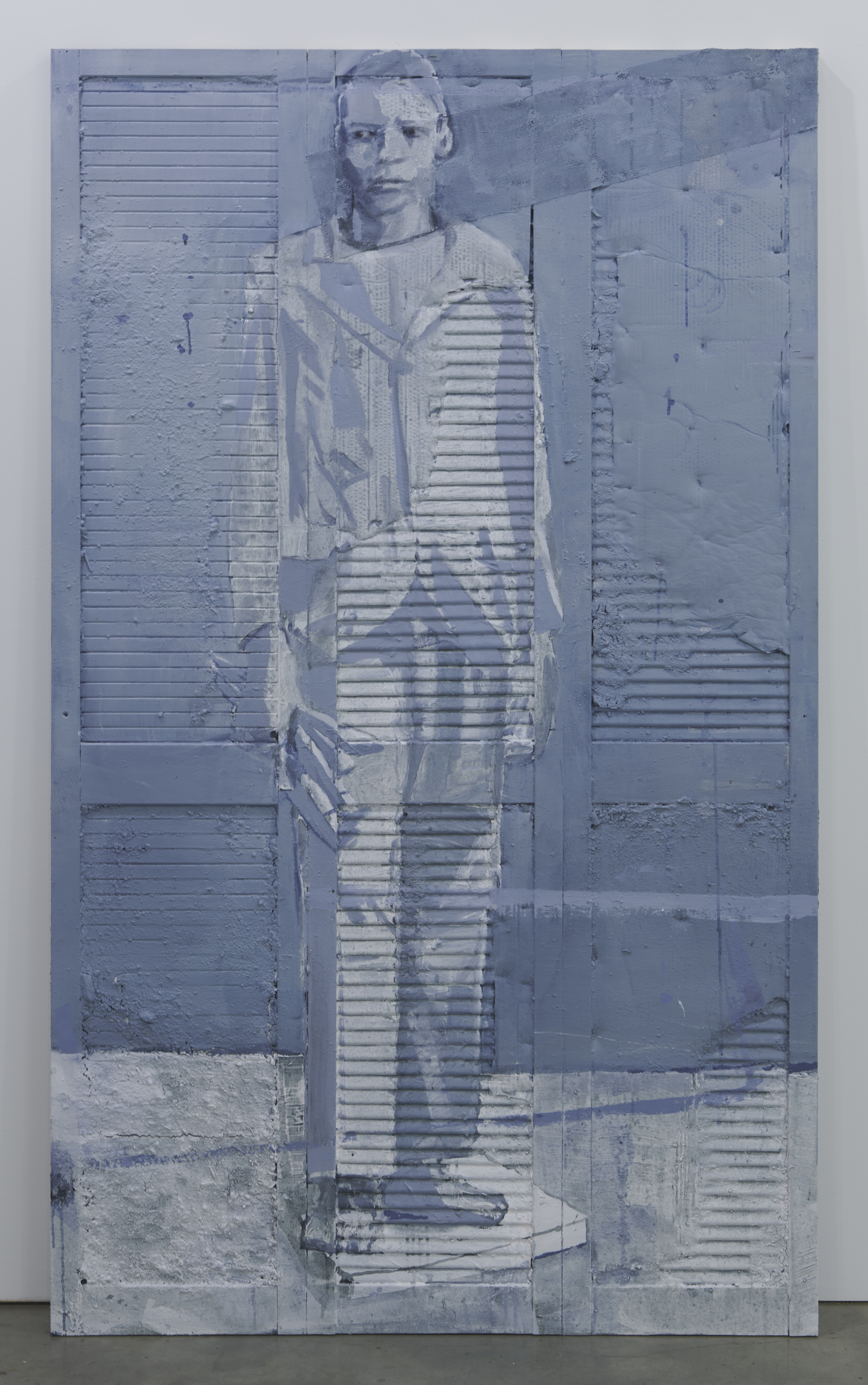 Aldo van den Broek. The gatekeeper, 2024. Acrylics and soil on cardboard and wiremash on wooden doors. 200 x 118 cm. Private collection