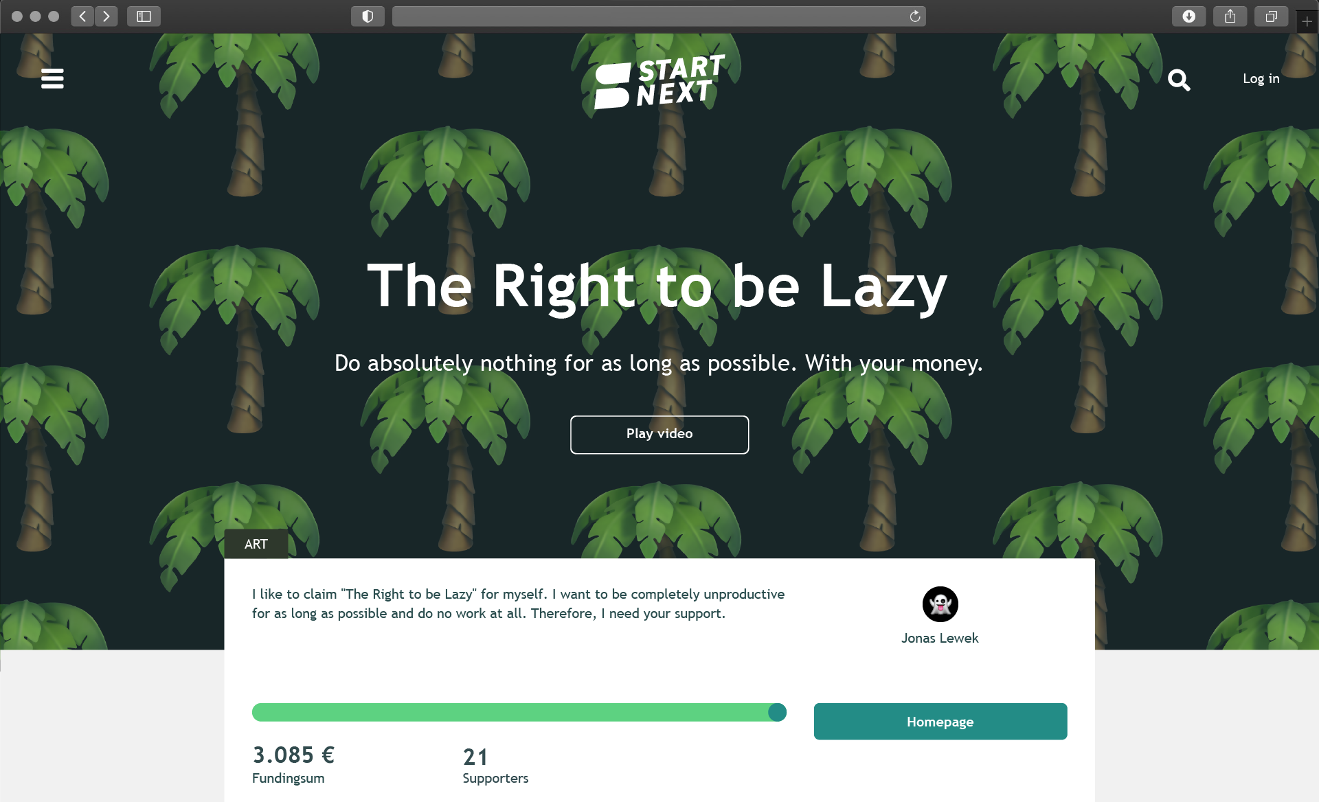 The Right to be Lazy (screenshot website), 2021, crowdfunding campaign