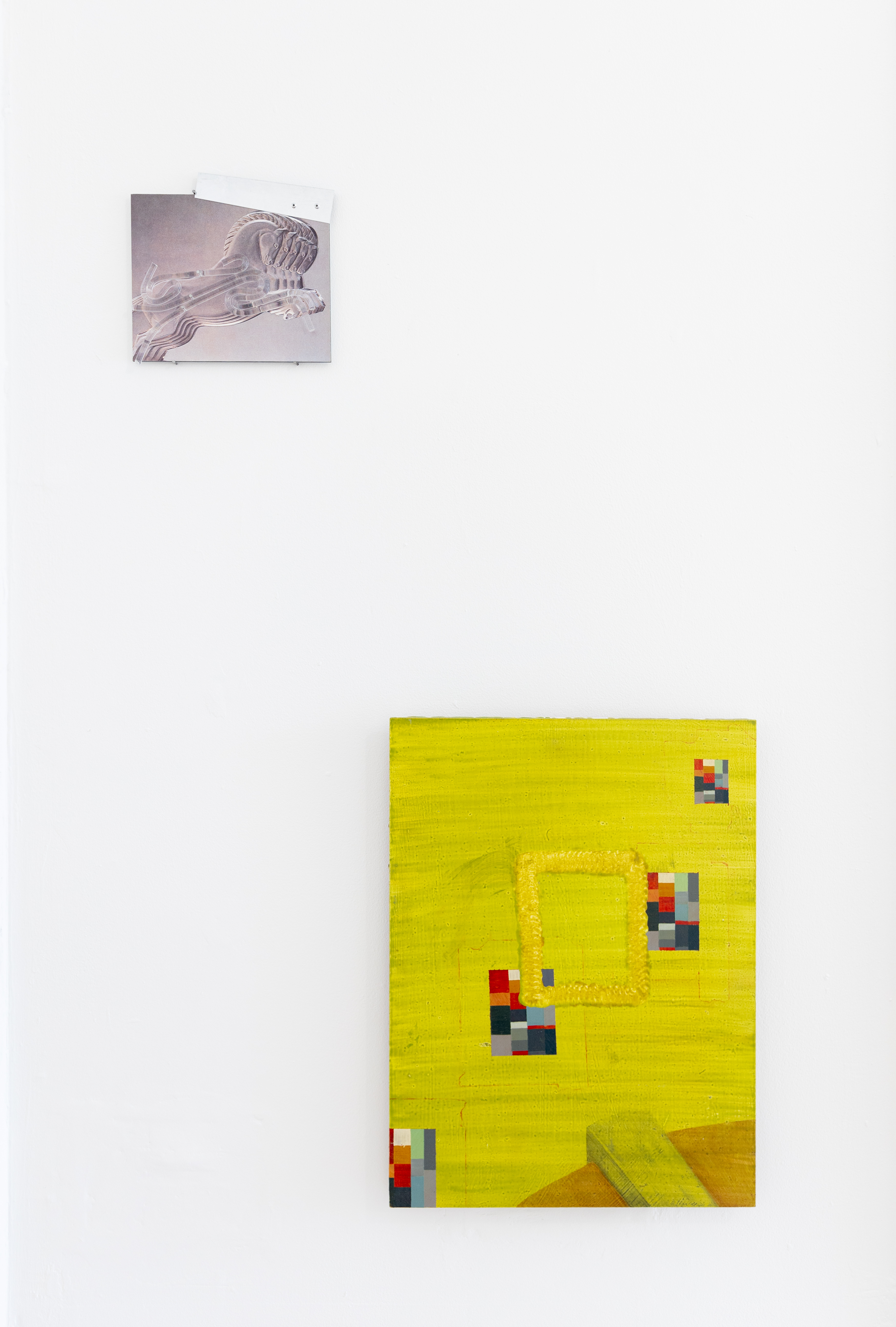 Gait, 2022, aluminium, dibond, magazine cutting, acrylic, hardware, 16 x 17 cm - Antonio Parker-Rees and Tags, Pie, 2020, oil on panel, 30.5 x 40.5 cm - Cyrus Shroff