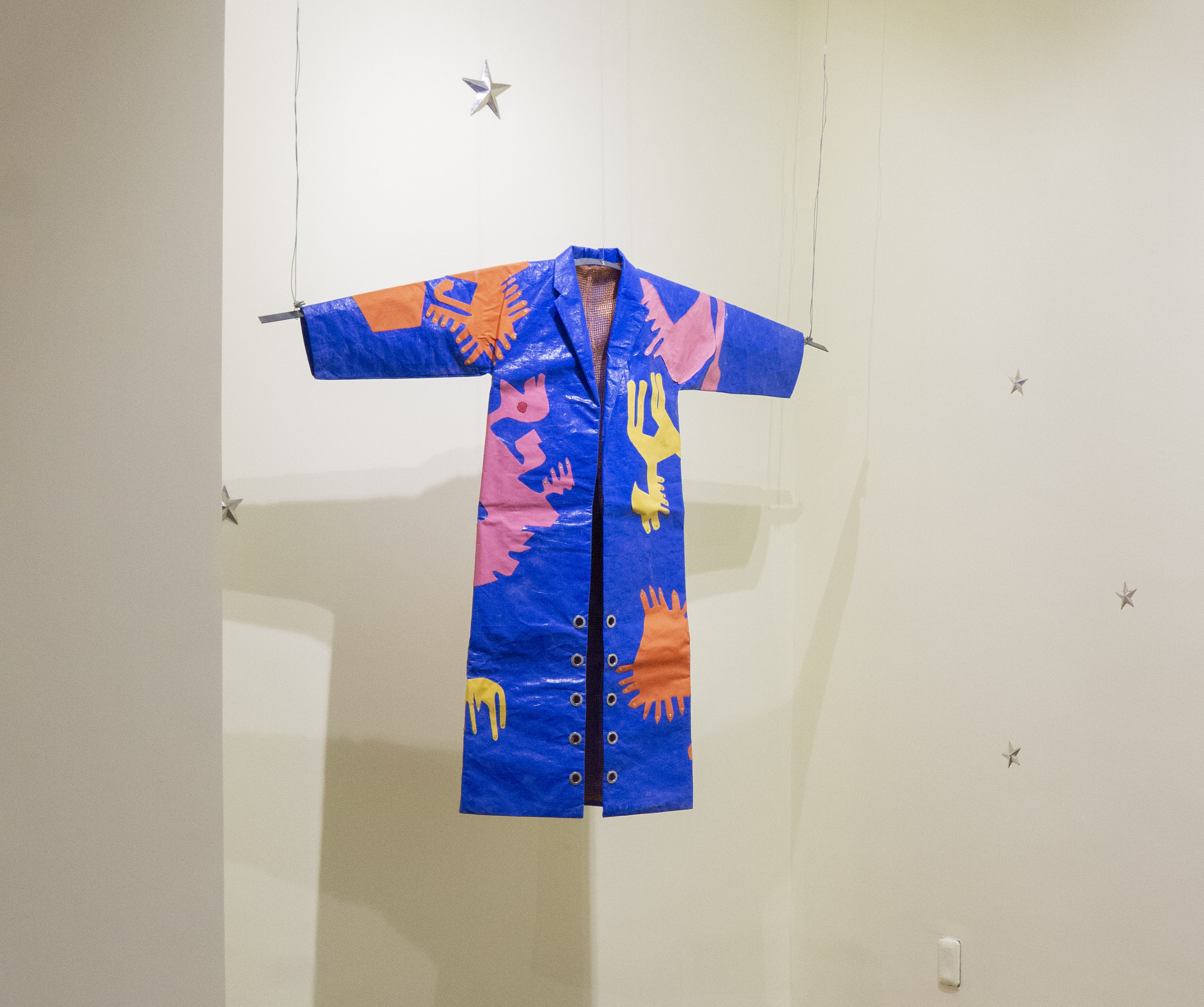 “Blue cape”, 2022, in collaboration with Carla Reyes. Plastic canvas piece with aymara patterns, 170cm x 150cm Cultural Centre of Spain, La Paz, Bolivia