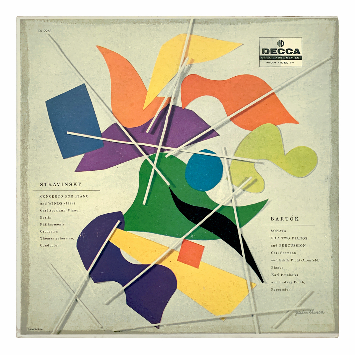 Decca Gold DL 9963 Igor Stravinsky - Concerto for piano and winds (1924) | Béla Bartók - Sonata for two pianos and percussion Berliner Philharmoniker - Thomas Scherman Carl Seemann | Edith Picht-Axenfeld | Karl Peinkofer | Ludwig Porth Design: Alex Steinweiss (as "Piedra Blanca", credited)