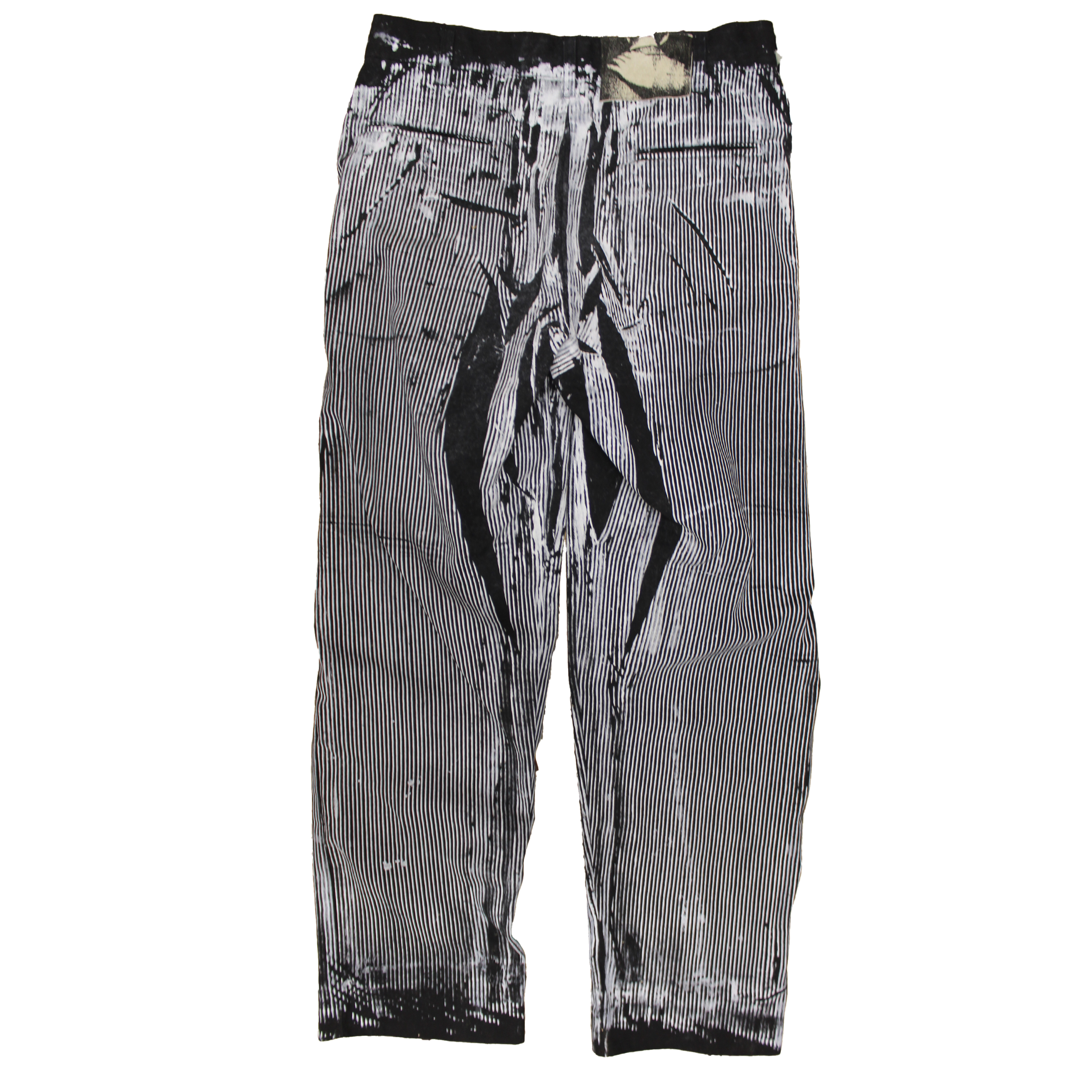 reclaimed vintage surplus denim screen printed with textile ink in snagstripe print. tailored for straight/wide fit. fitted with custom keychain, scrap chain, and leather patches