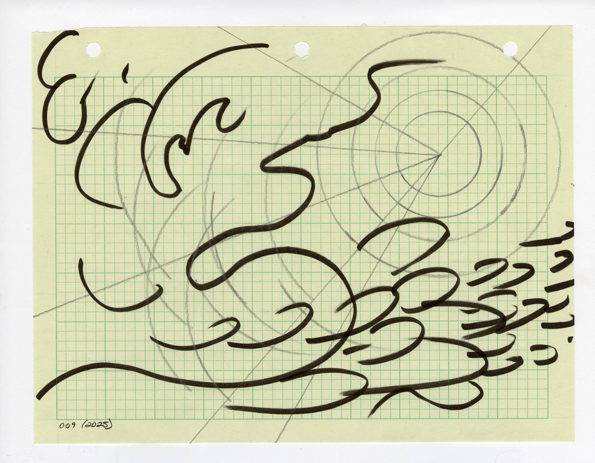 009. 2025. Graphite and marker on graph paper. 11" by 8.5"