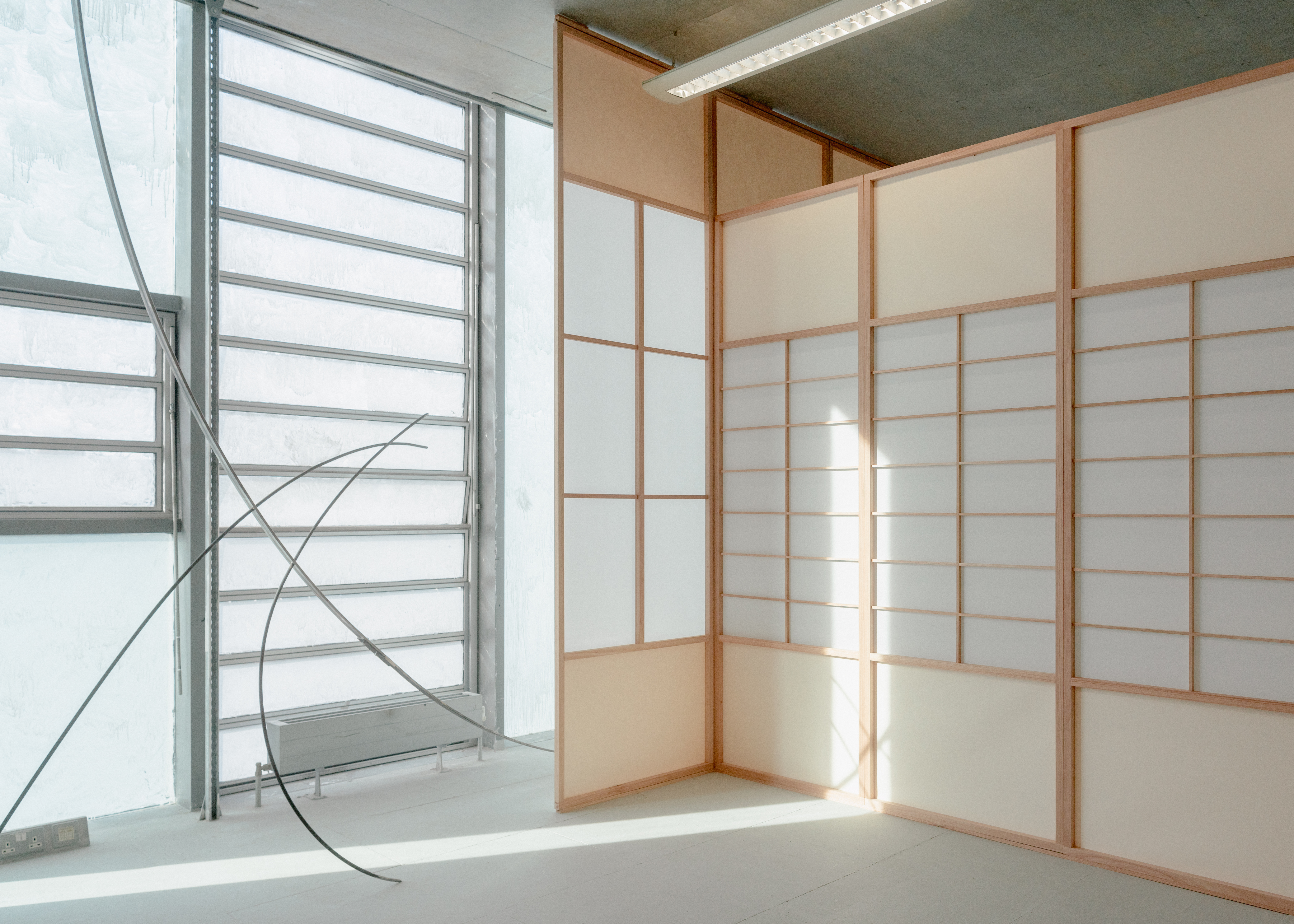 Installation featuring Bloom II, 2025. Steel, hardware, and Shōji, 2025. Red grandis, shōji paper, rice glue, drawing paper, tape.