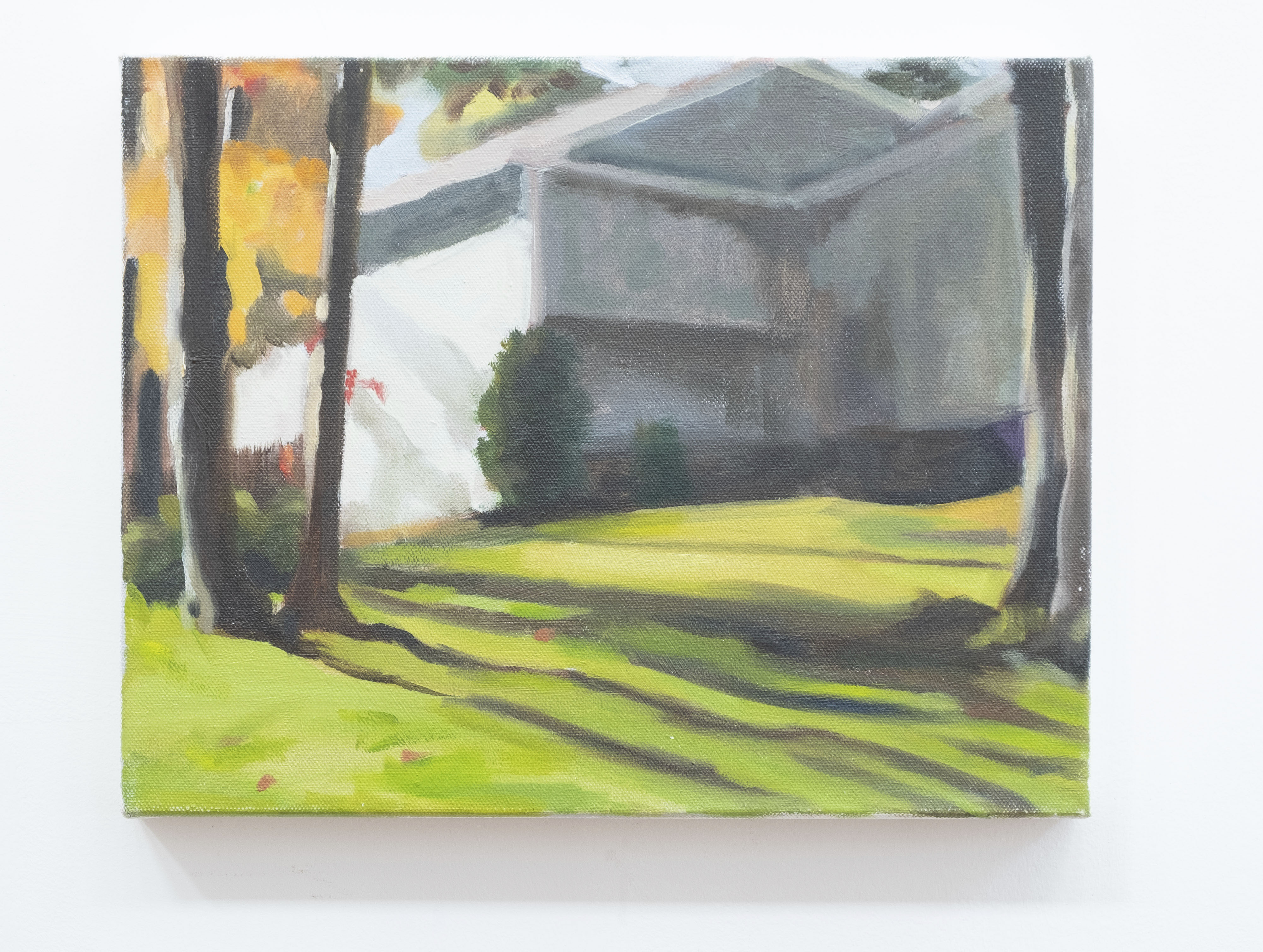 Trees and gray house, oil on canvas, 11 x 14 inches, 2014