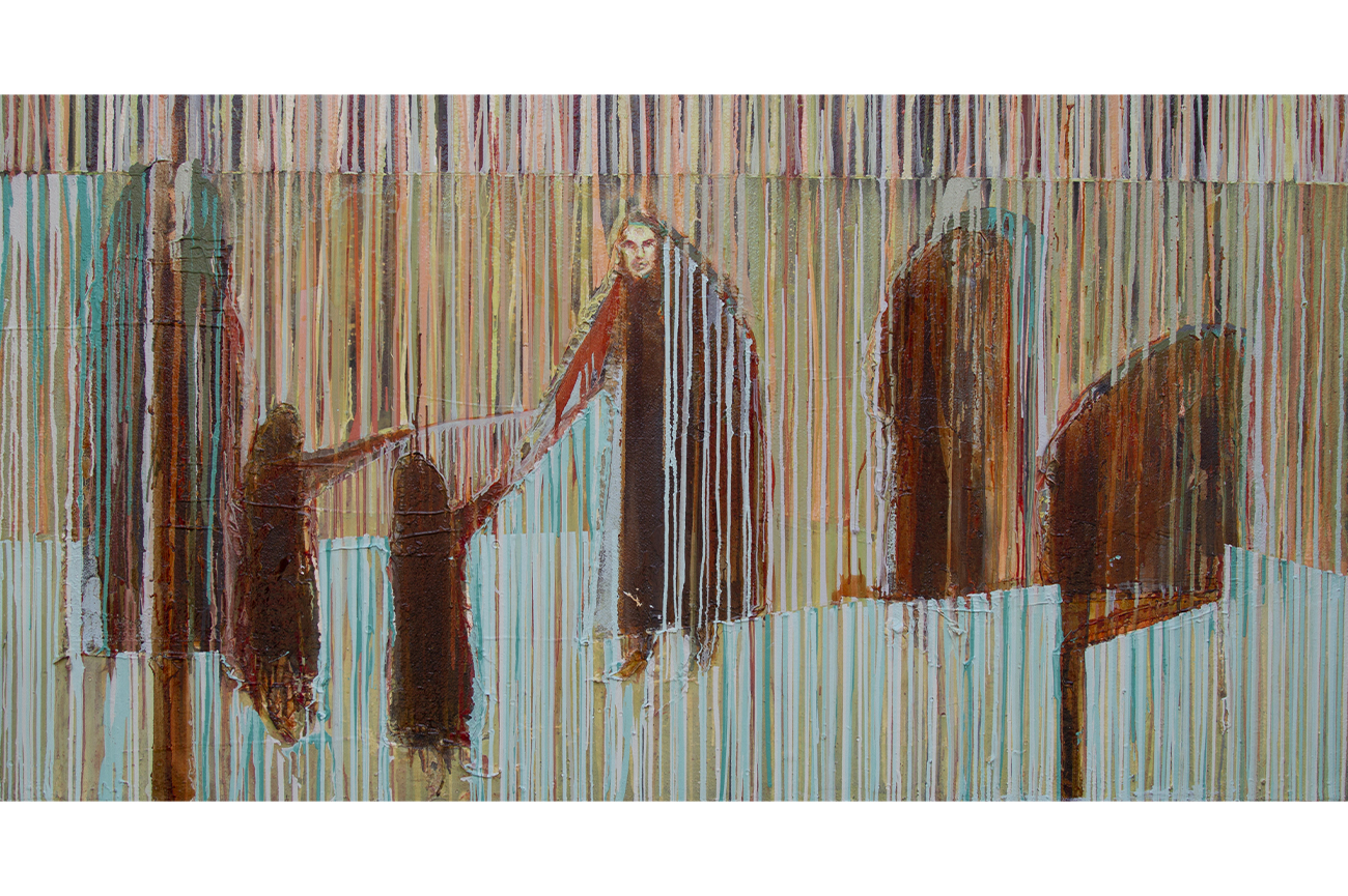 Ignacio GumucioLos Conversos III, 2015-2016Óleo, esmalte, barniz, fotocopias y cola fría sobre cuerina sintética130 x 240 cm