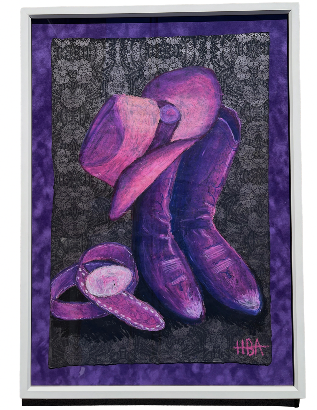 Cowboy Fad - 25.5"x35.5" - 2024 - Oil pastel on screen printed paper. Framed and mounted on purple suede. Contact for purchase.