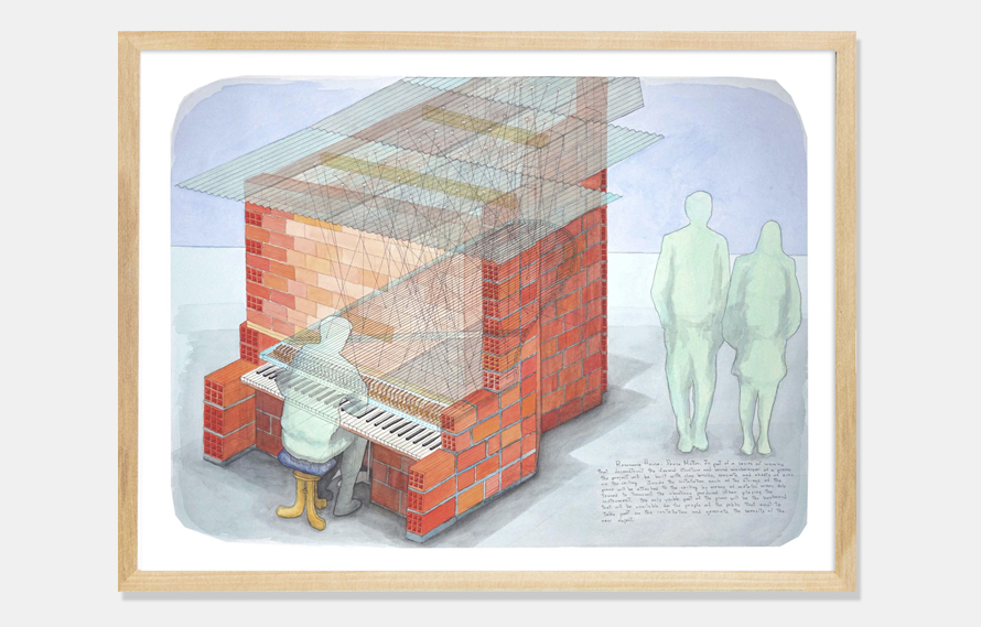 Oscar Abraham Pabón, Resonance House - Dense Matter, 2018. Watercolor on 300 grams paper, 27.5 x 39 inches