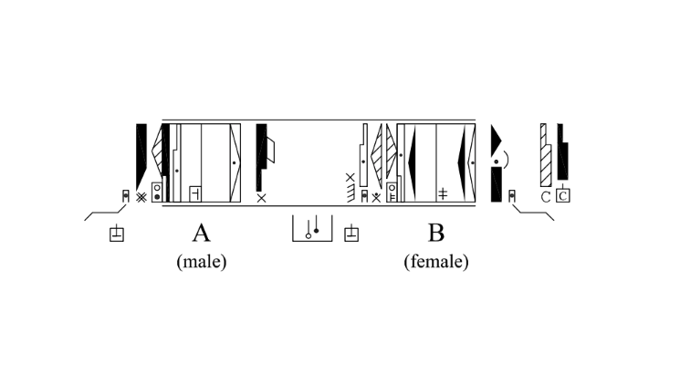 This Labanotation shows the positions of the dancers in the photograph. Each dancer has their own stave, indicated by A and B; the horizontal lines joining the two staves indicate that the dancers are in the same space and time.