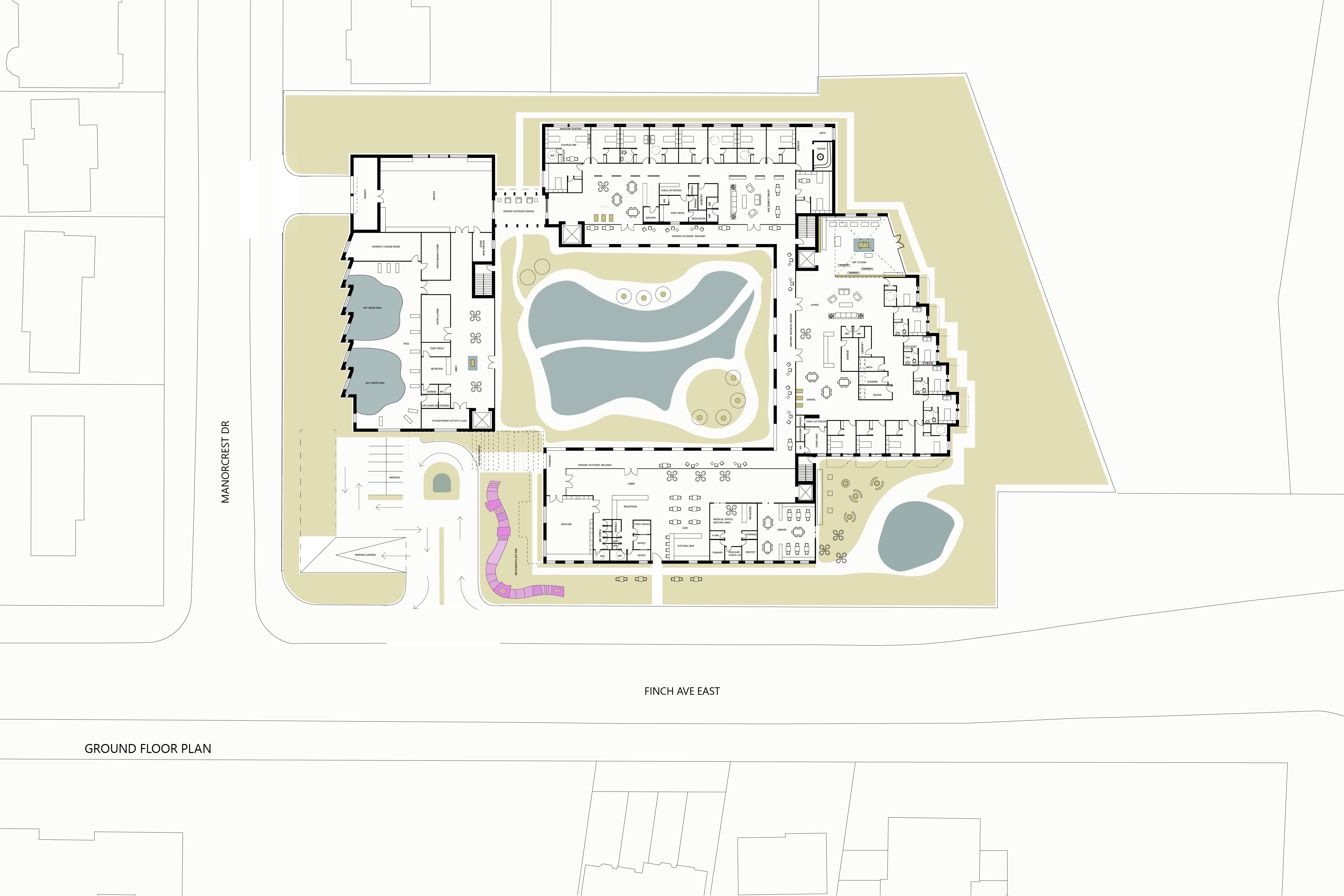 "Single loaded corridor" of small home typology allows for maximum light exposure, smaller travel distance for the staff and a family-like environment. In addition to communal spaces, each 8-12 cluster consists of access to nature through sunrooms, balconies, window seating, indoor gardening, gardens and operable windows.