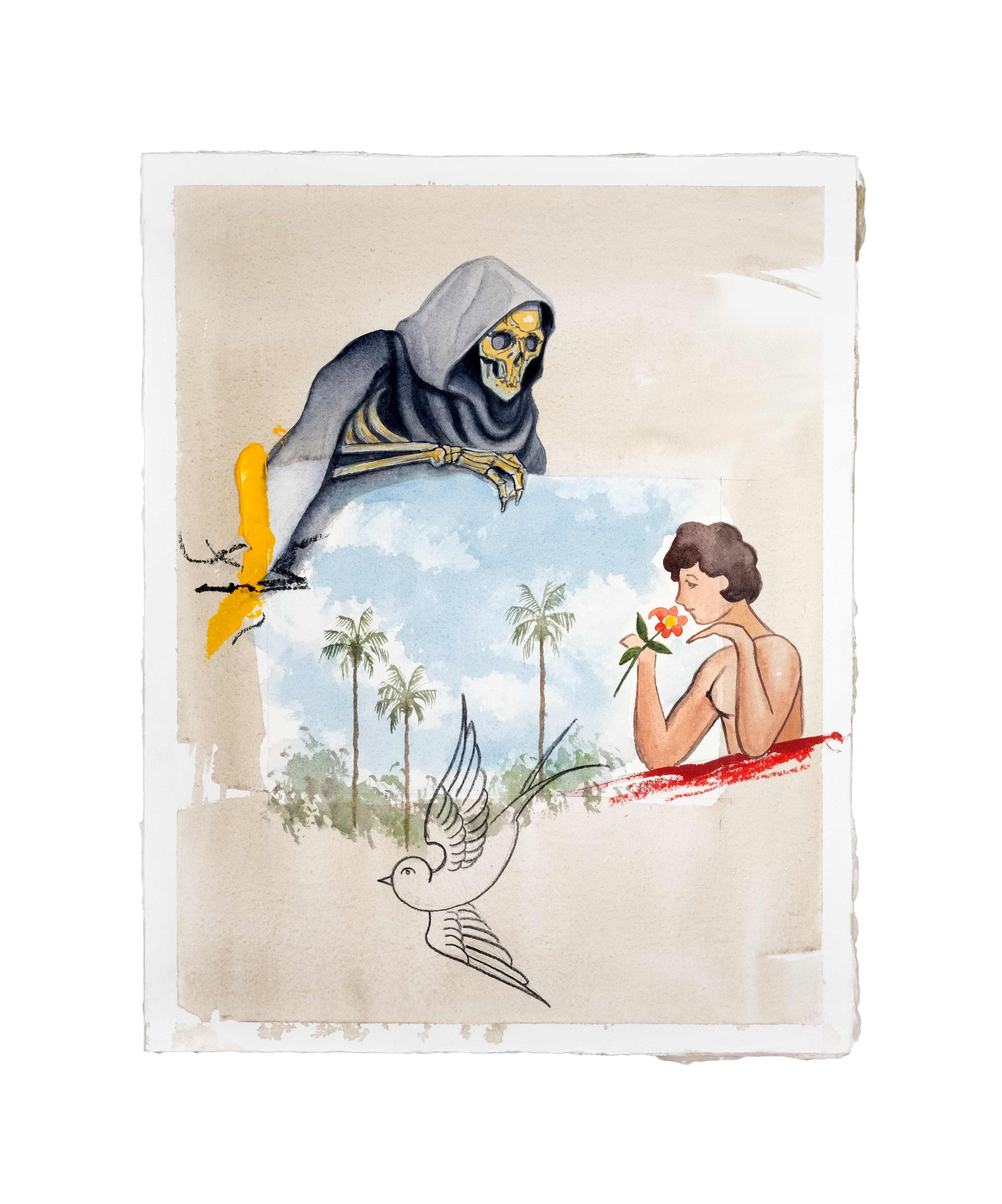 Did You Wish They’d Disappear,&nbsp;2020Watercolor, Colored Pencil, Pastel, Charcoal and Acrylic on Arches Paper Adhered to Wood Panel14 x 11 inches (35.5 x 27.9 cm) 🔴