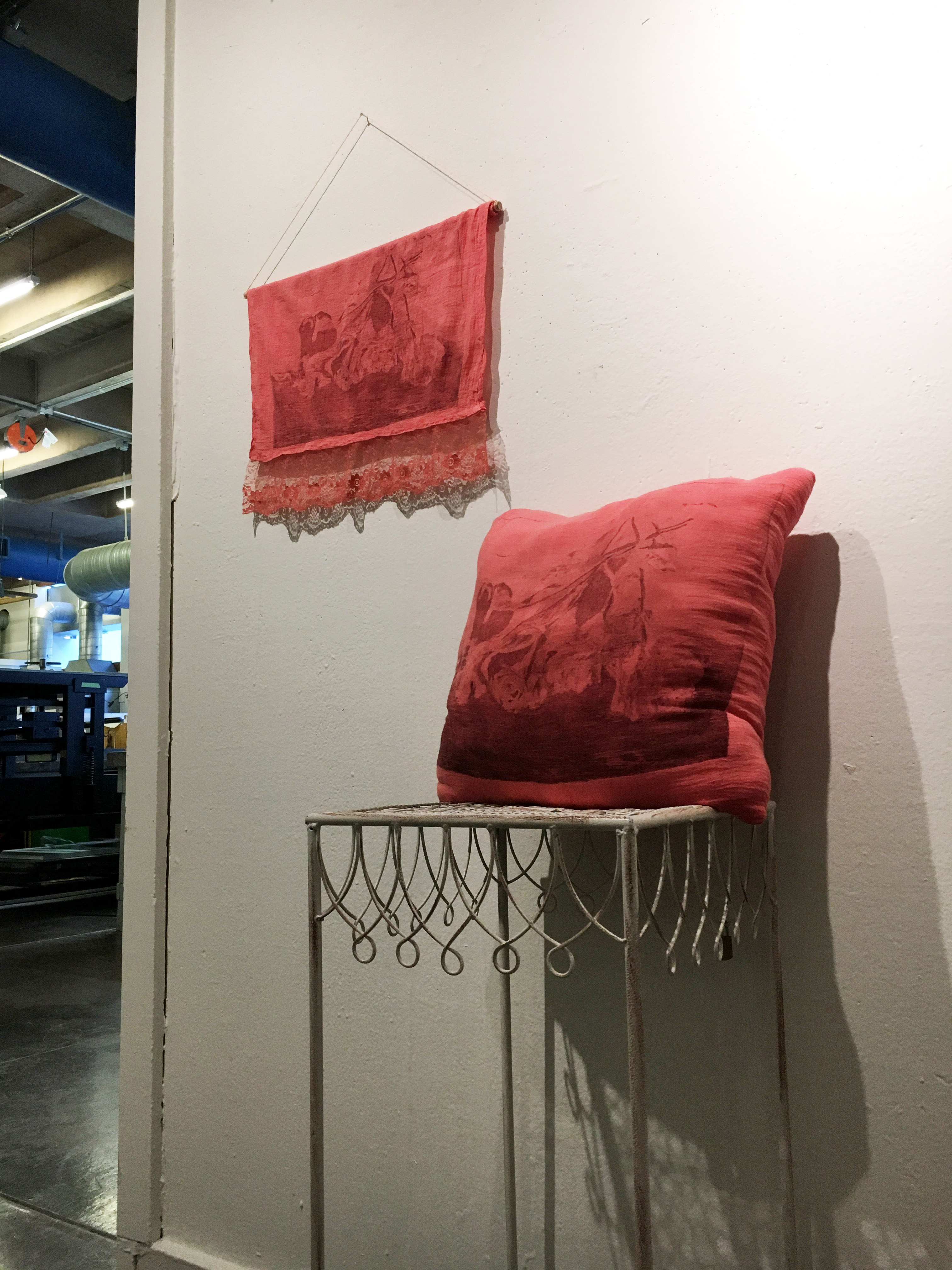 Julianne Diemer, Untitled Material Study (Fall 2018) soft ground etching on fabric, sewn into a pillow and a banner with found materials; Introduction to Etching, project involving the creation of a dimensional object using print-processes