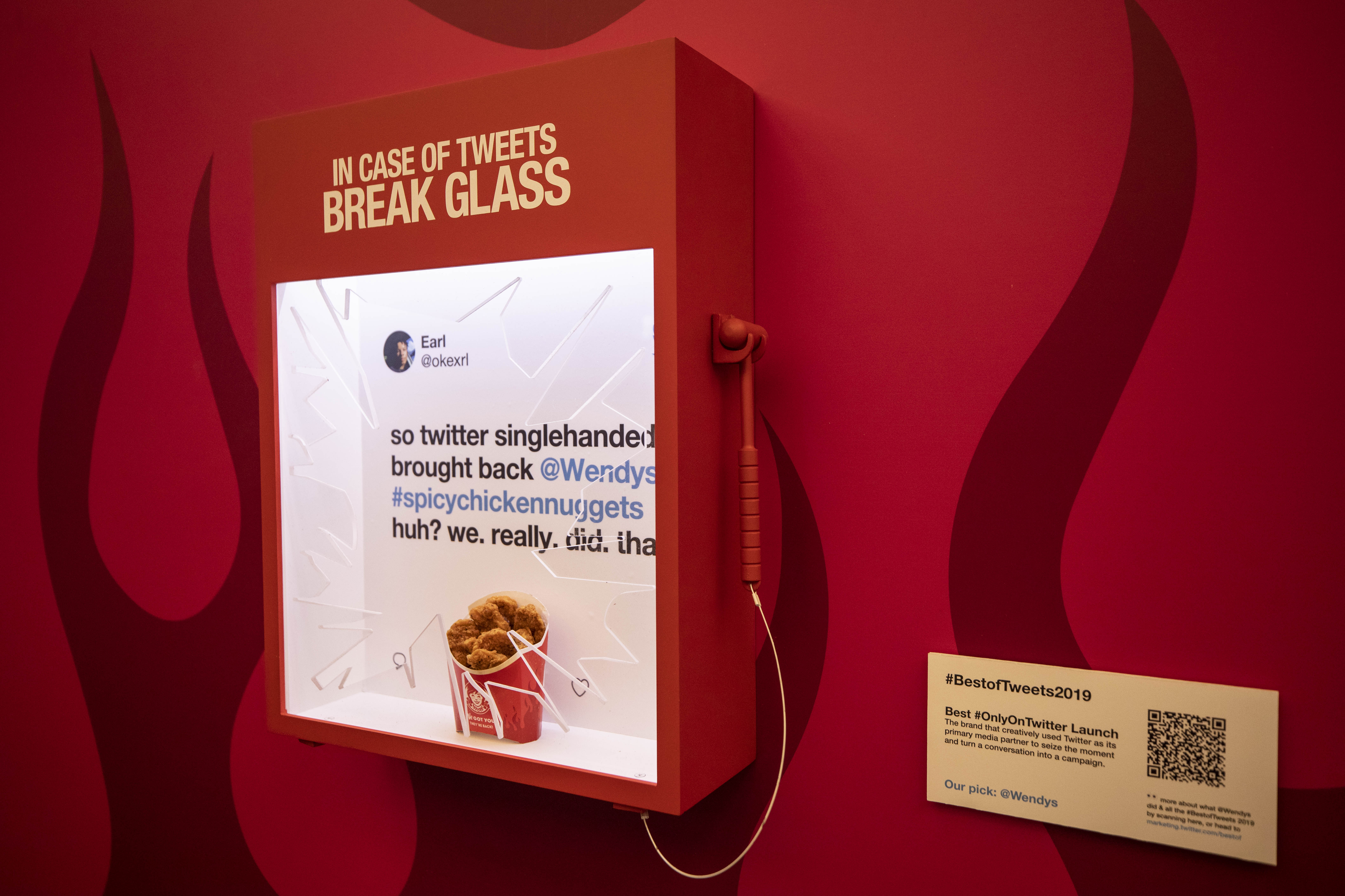Best #OnlyOnTwitter Launch. A 'broken' fire box represented the extreme popularity of Wendys spicy chicken nuggets.