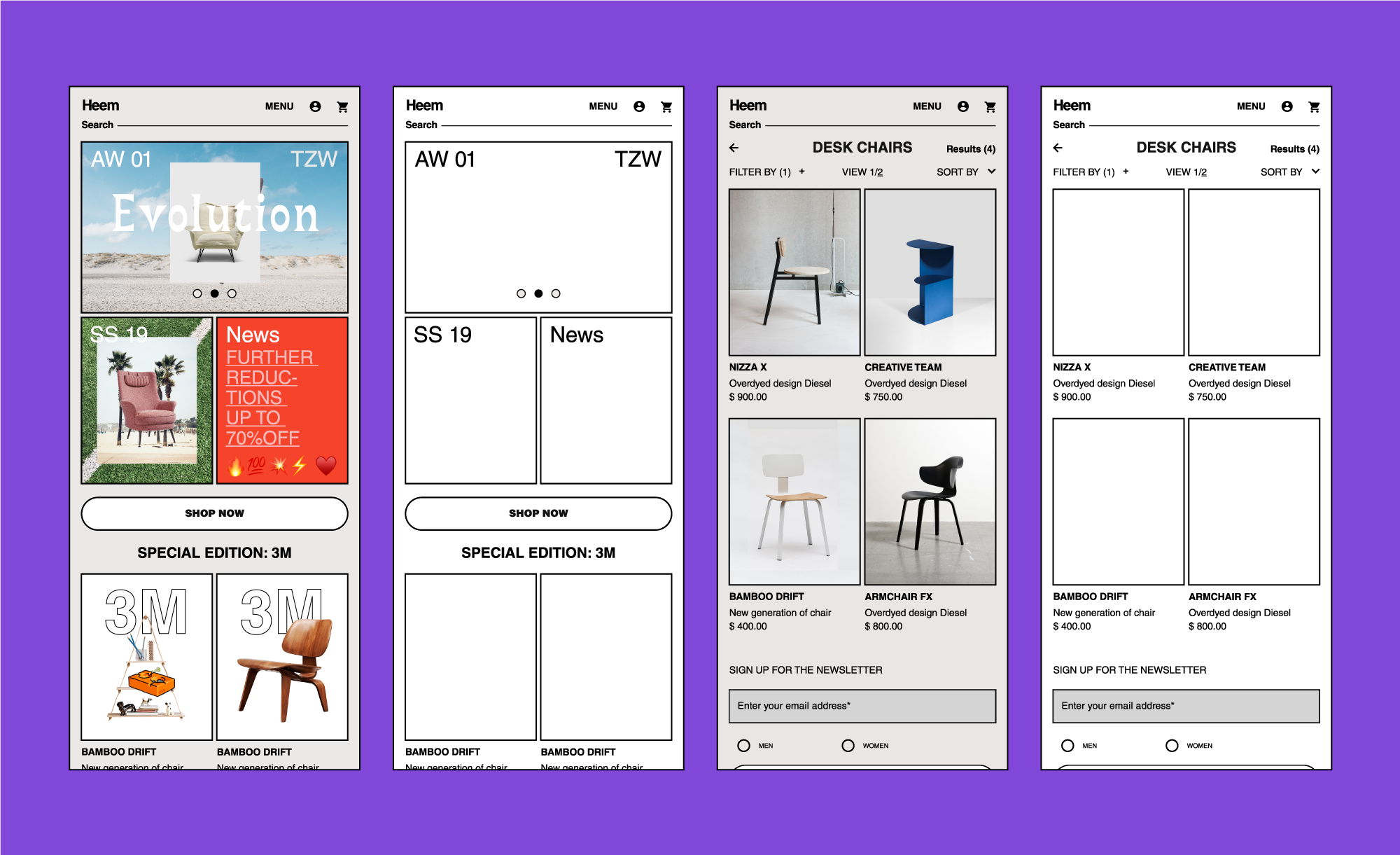 Homepage and Chairs product page