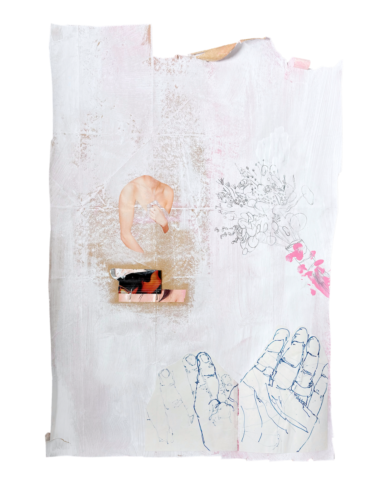 Época das Cerejas (Cherry Season), 2025pencil, pen, acrylic paint, masking tape, paper bag cut-outs, paper and packaging cut-outs47.5x33cm
