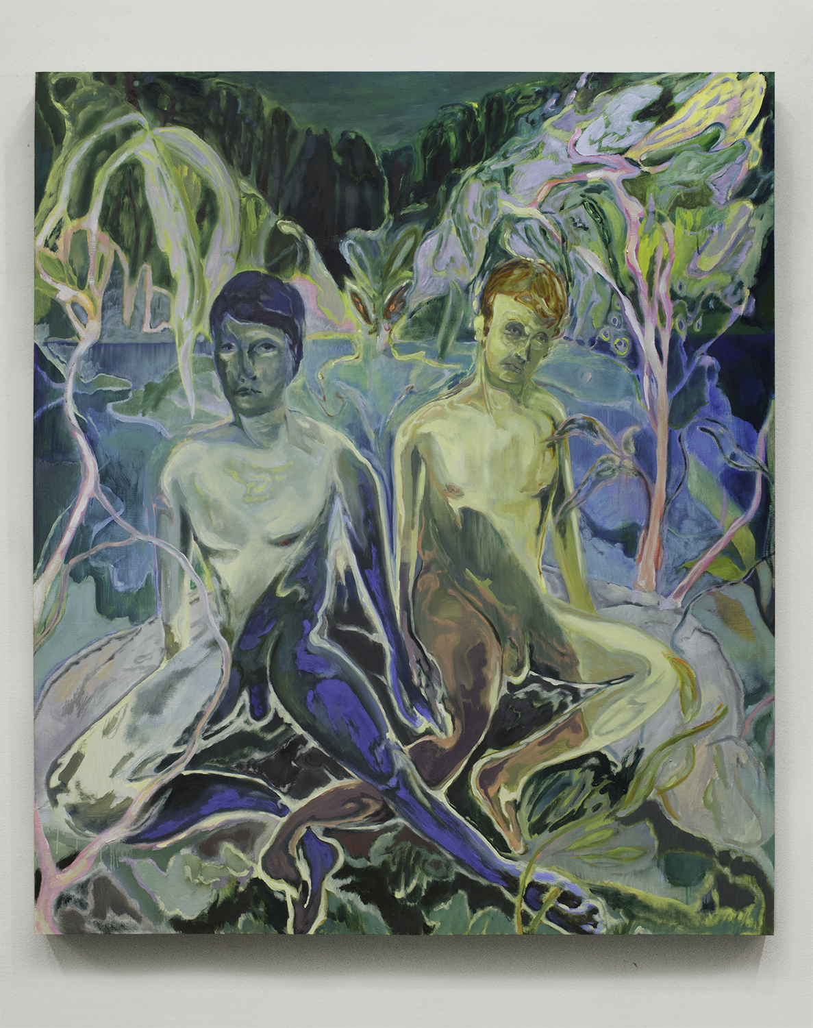 Two Boys Sitting in the Presence of Another, oil on linen, 70 x 60 in, 2020