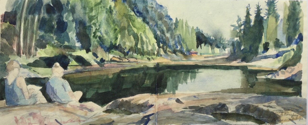 Moeder & dochter omgeving Honefoss Noorwegen 1992 - watercolor 22x53 cm