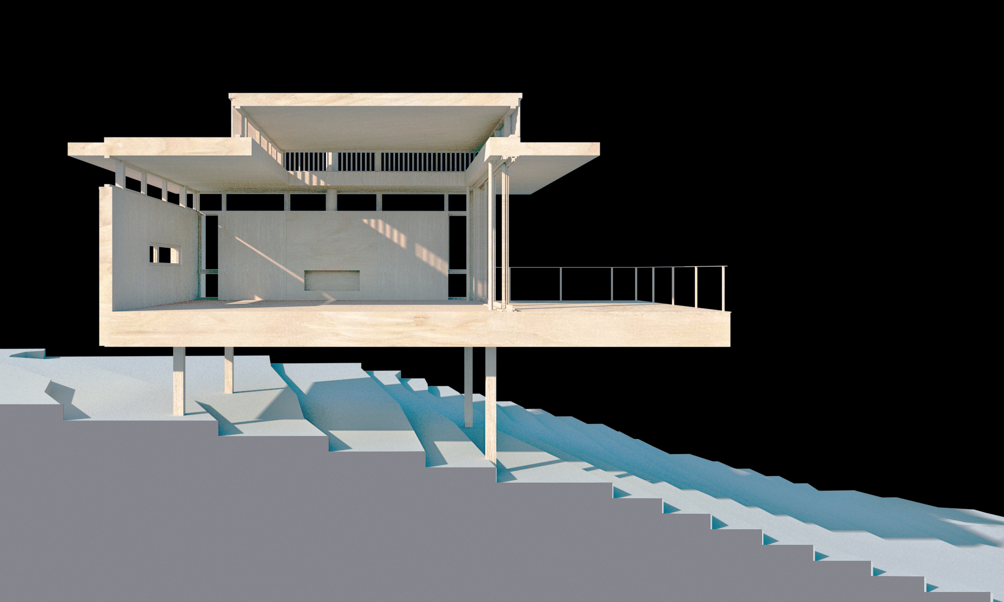 Photograph of the architectural model cut in section, revealing the elevated main volume supported by slender columns (piloti), with an extended deck cantilevered over the dramatic, stepped slope of the site.
