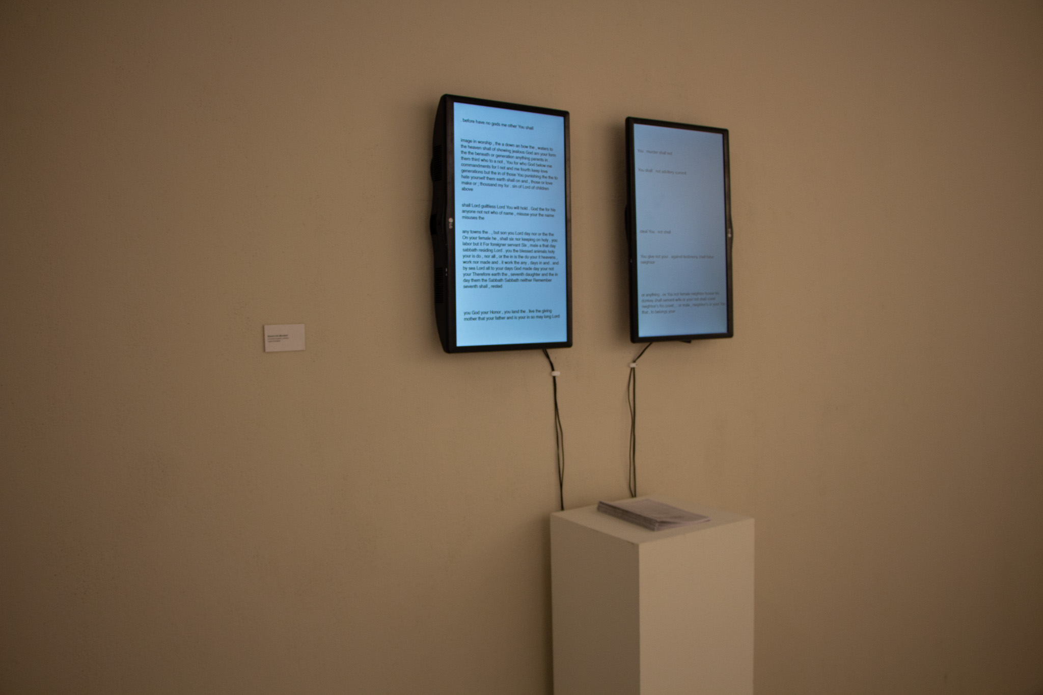 $^ randomization of the 10 commandants/displayed on two screens. Playing with language and translation/ theology--CODE HERE 