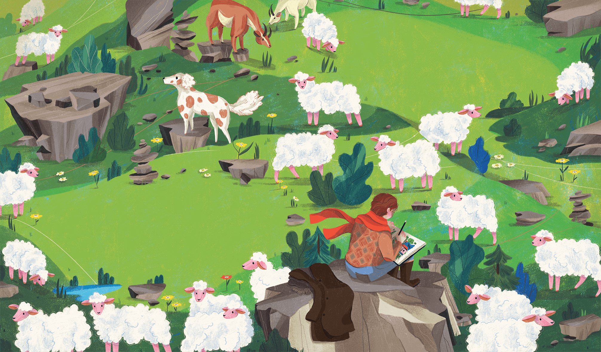 A boy sits on the rocks of a mountain drawing on his journal. Sheep and dogs surround him, eating green grass.