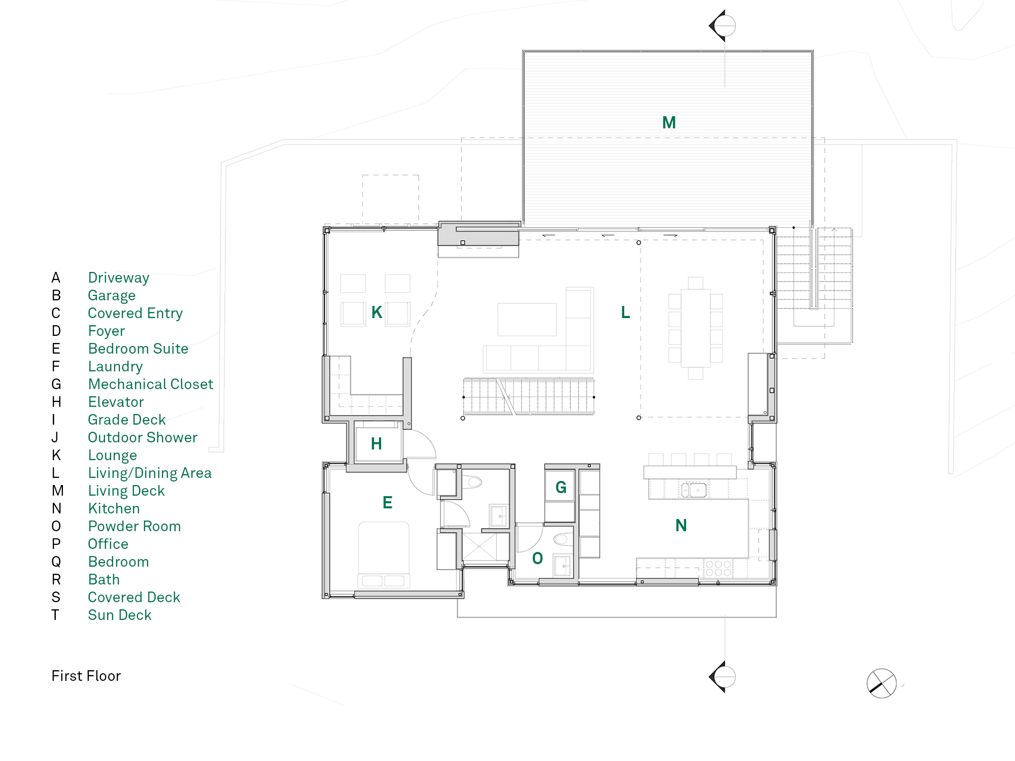 Architectural first floor plan for the Beach Roost residence, illustrating the open-concept layout of the living, dining, and kitchen areas, with large sliding doors leading to an expansive ocean-facing deck.