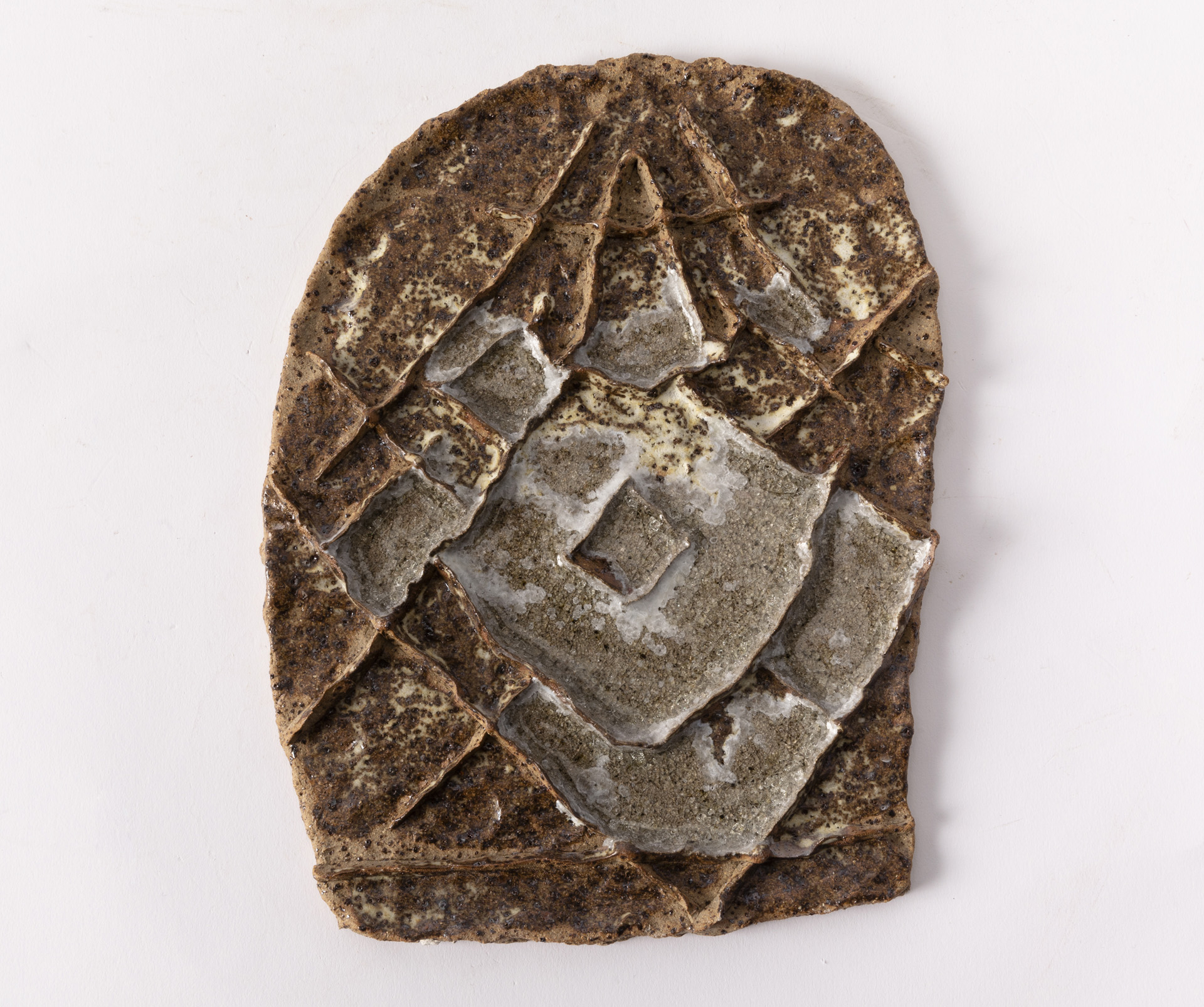 “Shield 2”, High Fired Rakuware with Melted Glass