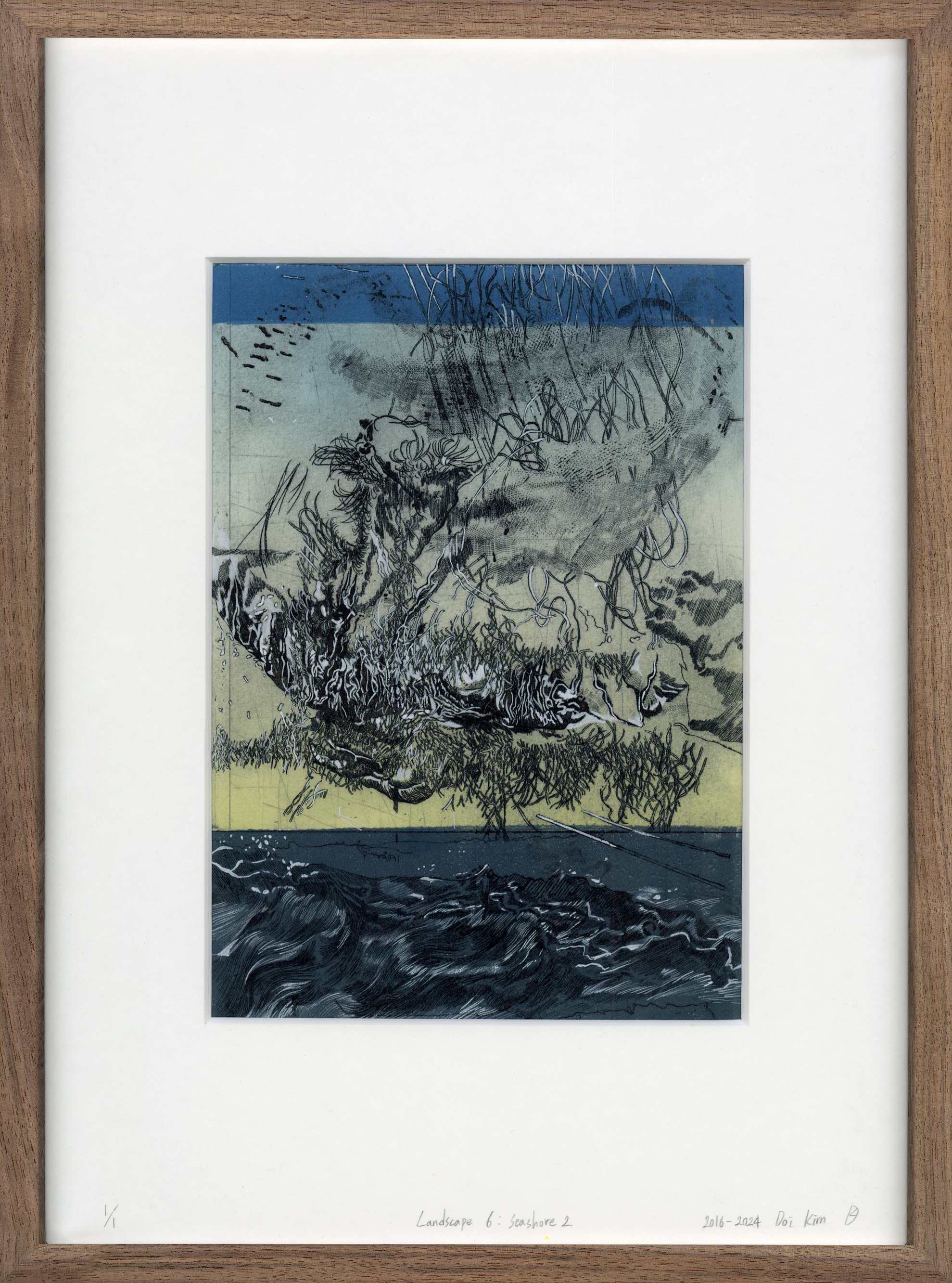 Landscape 6: Seashore 2 (2016-2024), gouache on etching, frame size: 45.4 x 33.7 cm / 17.9 x 13.3 in, image size: 26.5 x 19 cm / 10.4 x 7.4 in, edition of 1/1