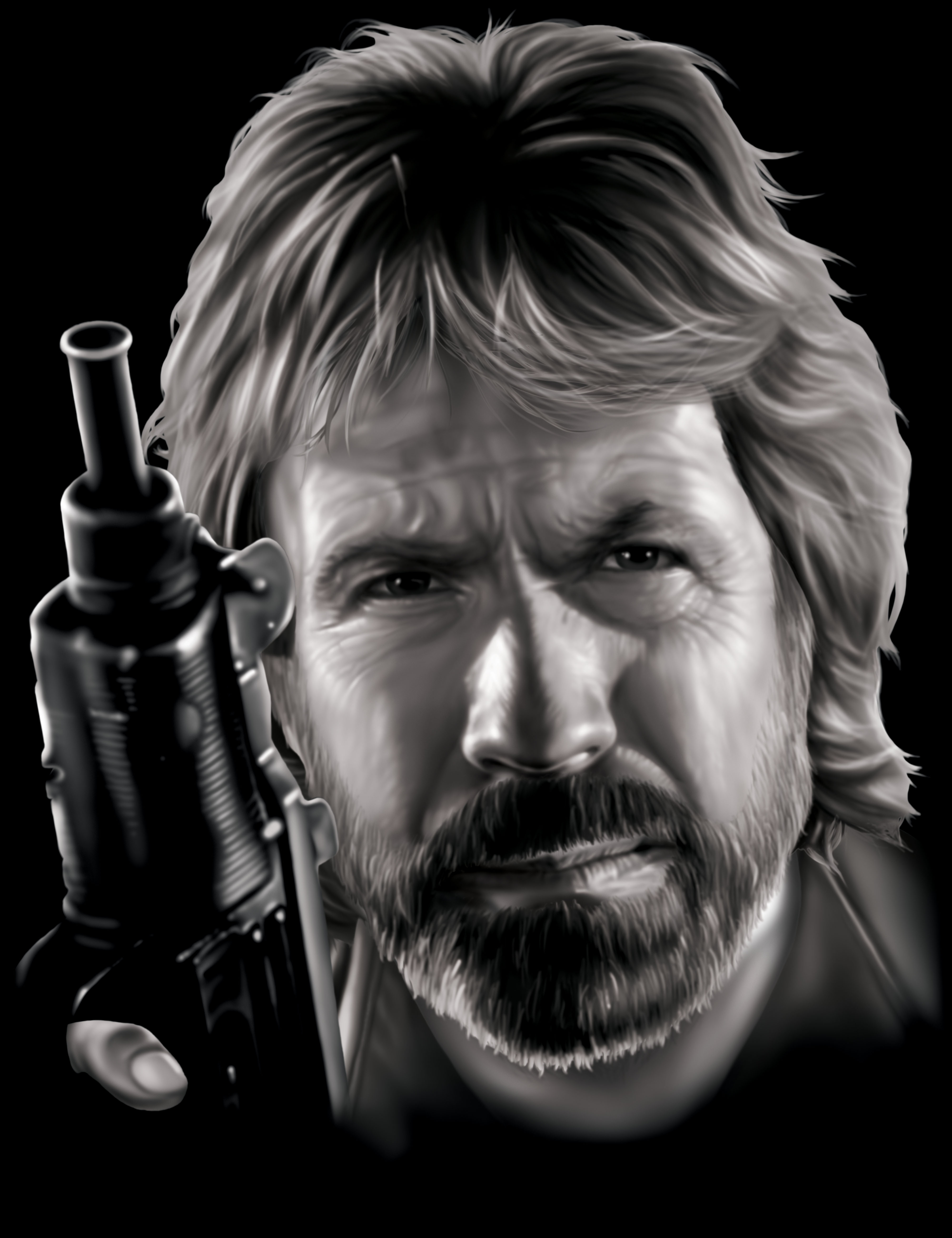 Chuck Norris, tough, guy, gun, karate, martial, arts, fight, fighter, 1970’s, jokes, Ted, Johnston, Creative, Studios, creative, director, illustration, illustrator, artist, advertising, marketing