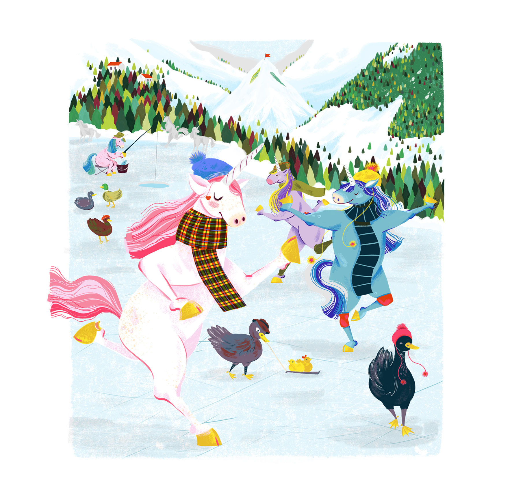 Unicorns and ducks skating on an ice rink