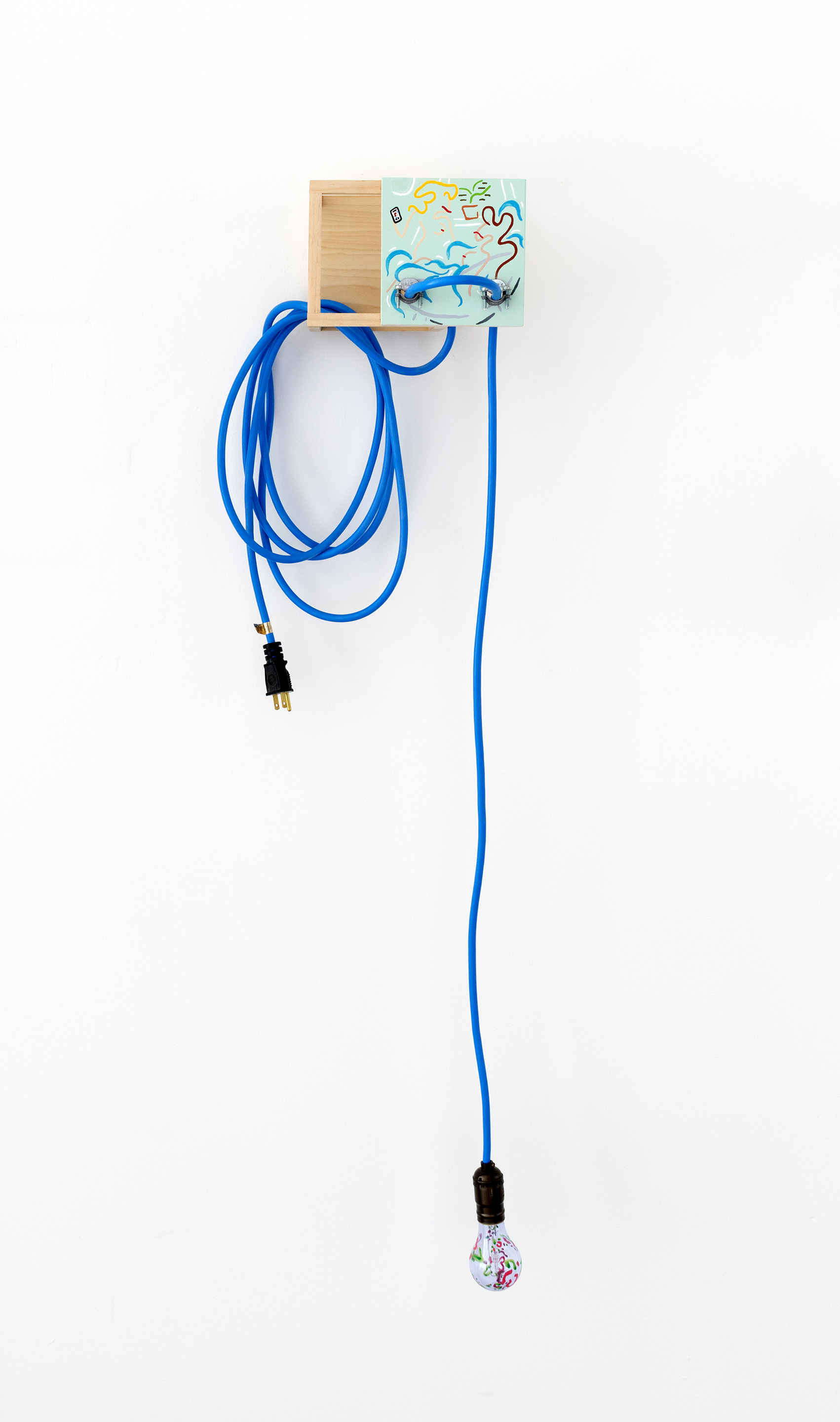 Trending Bathers, 2018, 48&rdquo; x 8.5&rdquo; x 10,&rdquo; acrylic, gouache, electrical cord, light fixture, and junction box closures on pine, in collaboration with Justin Korver