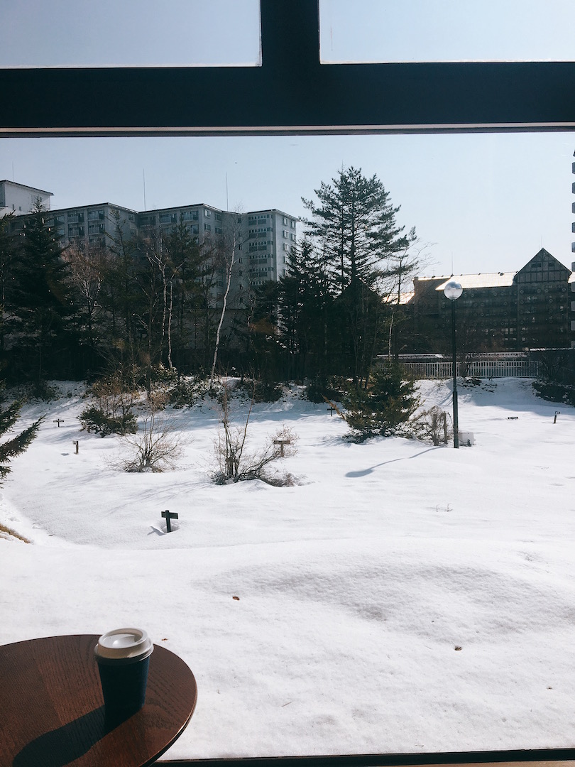 The view from our accommodation foyer - we would sit here after breakfast with takeaway coffees to bask in the sunlight and admire the powdery snow © Yoshika Kon