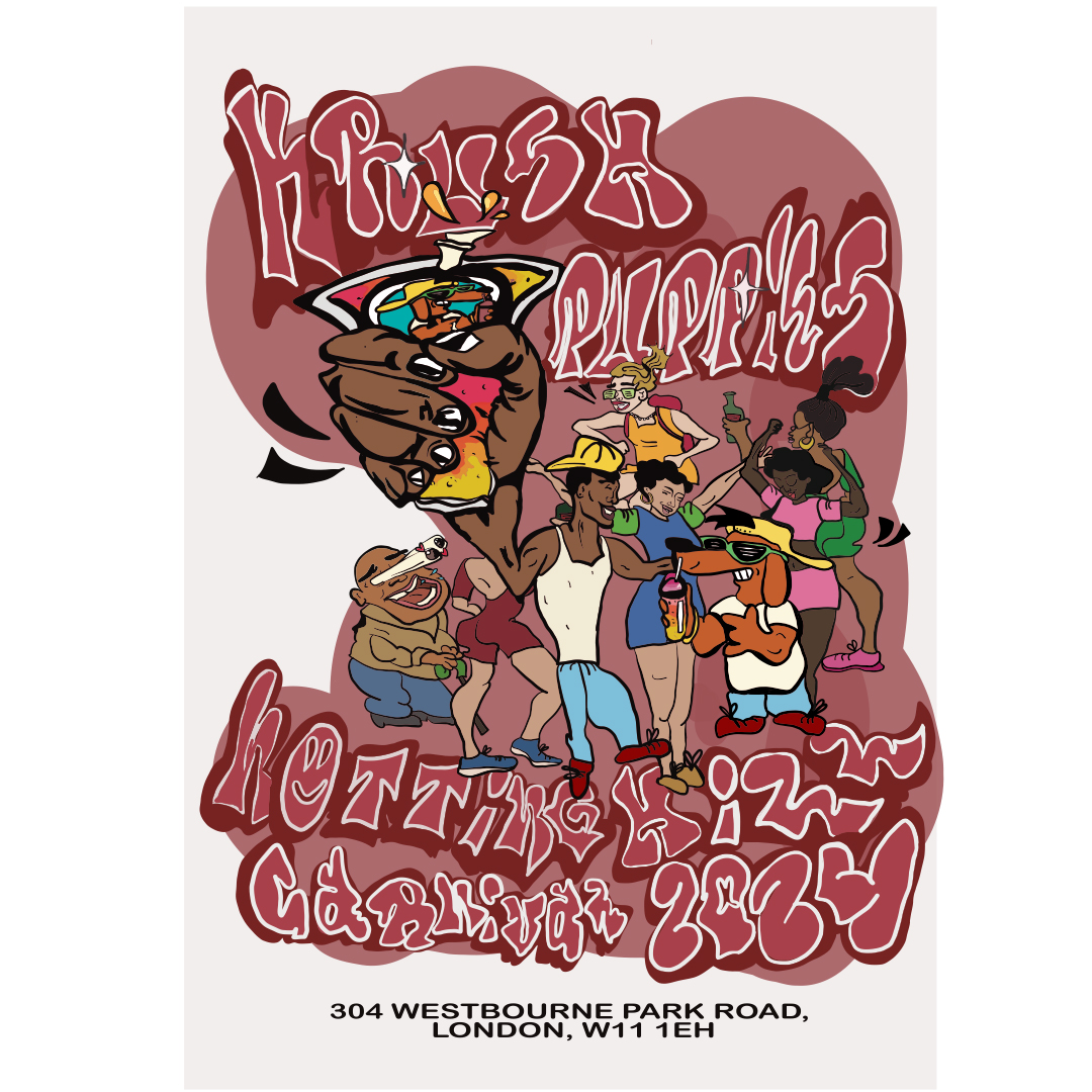 Artwork for drinks company Krush Puppies Notting Hill Carnival 2024 T-shirts.