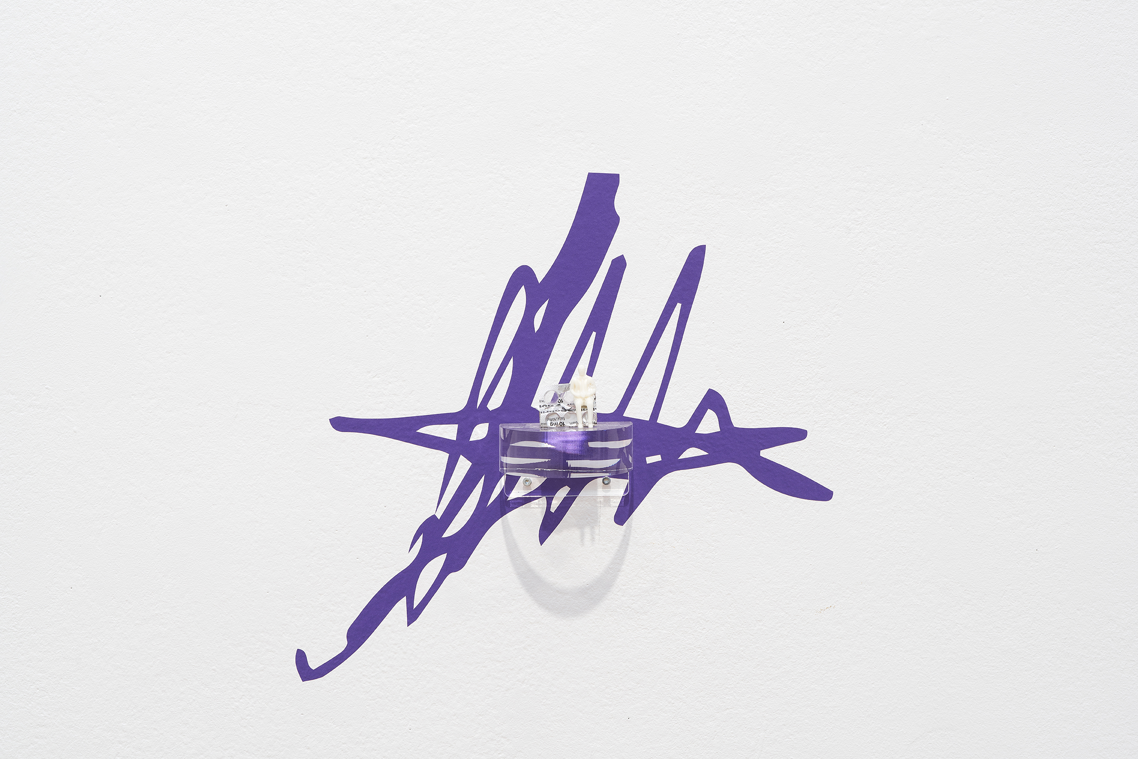 Sobril Figure, Reykjavik Art Museum 2021 (sobril, resin, pill packaging, plexiglass, wall painting)