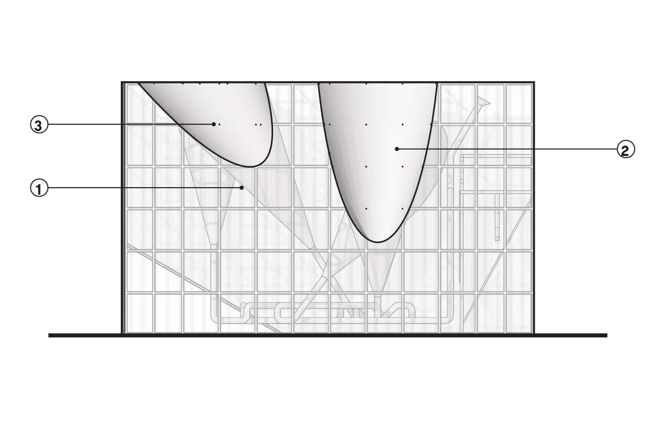 ELEVATION 3 1. Black perforated corrugated aluminum cladding 2. Painted styrene cones 3. Shoulder screw connectors 4. 1.5" Wood grid framing 5. Painted PVC pipe 6. Mouthpiece 7. Existing lifeguard stand."