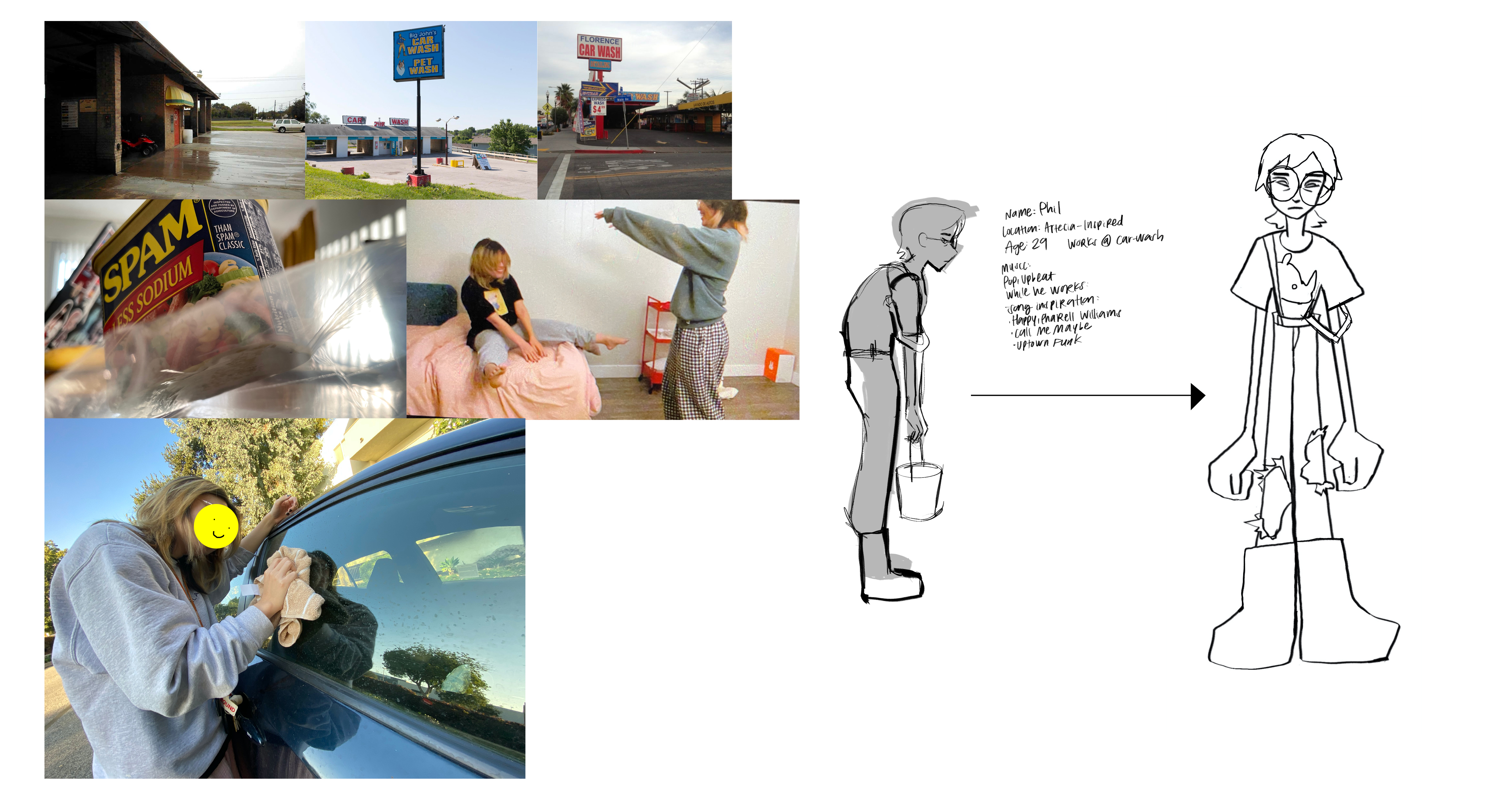 When character designing, we considered many aspects such as his posture having a slouch to show his exhaustion, a rhino on his shirt to showcase love for animals, tilted glasses frame, torn jeans, overalls falling off the shoulder all for emphasis on his overworked state.