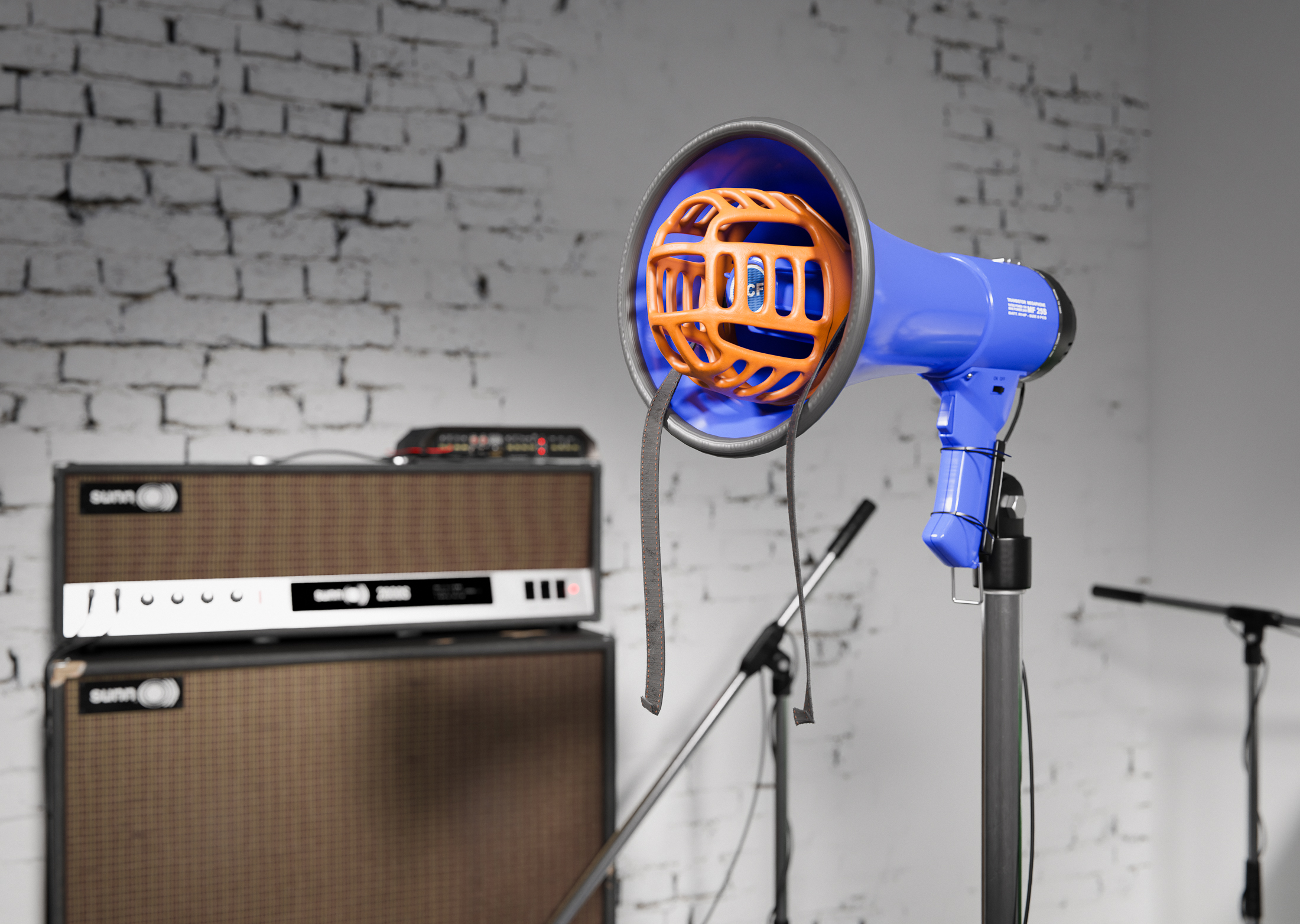 Zero sum just remainder, 2022, megaphone, muzzle, truck door, electric fence wire, solenoid servo motors, plectrums, hardware, guitar amplifier, cabinet, arduino controllers, zip ties, mics, mic stands, cables, tape, dimensions variable