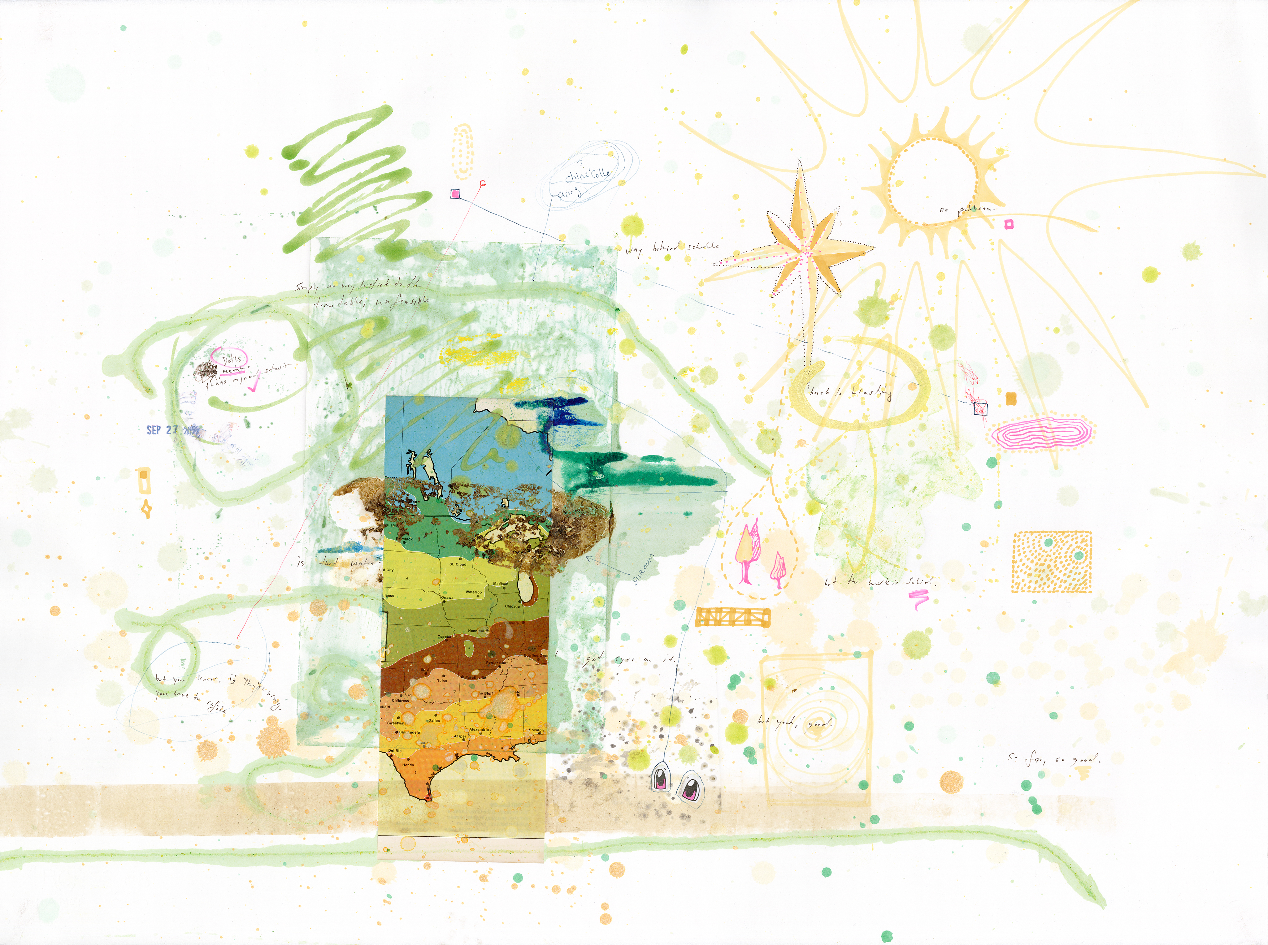 Drawing 45/56 from 56 days at the Dome House 22.5 x 30 inches, ink, Chine-collé, etching and stamps on Arches 88 paper - BUY